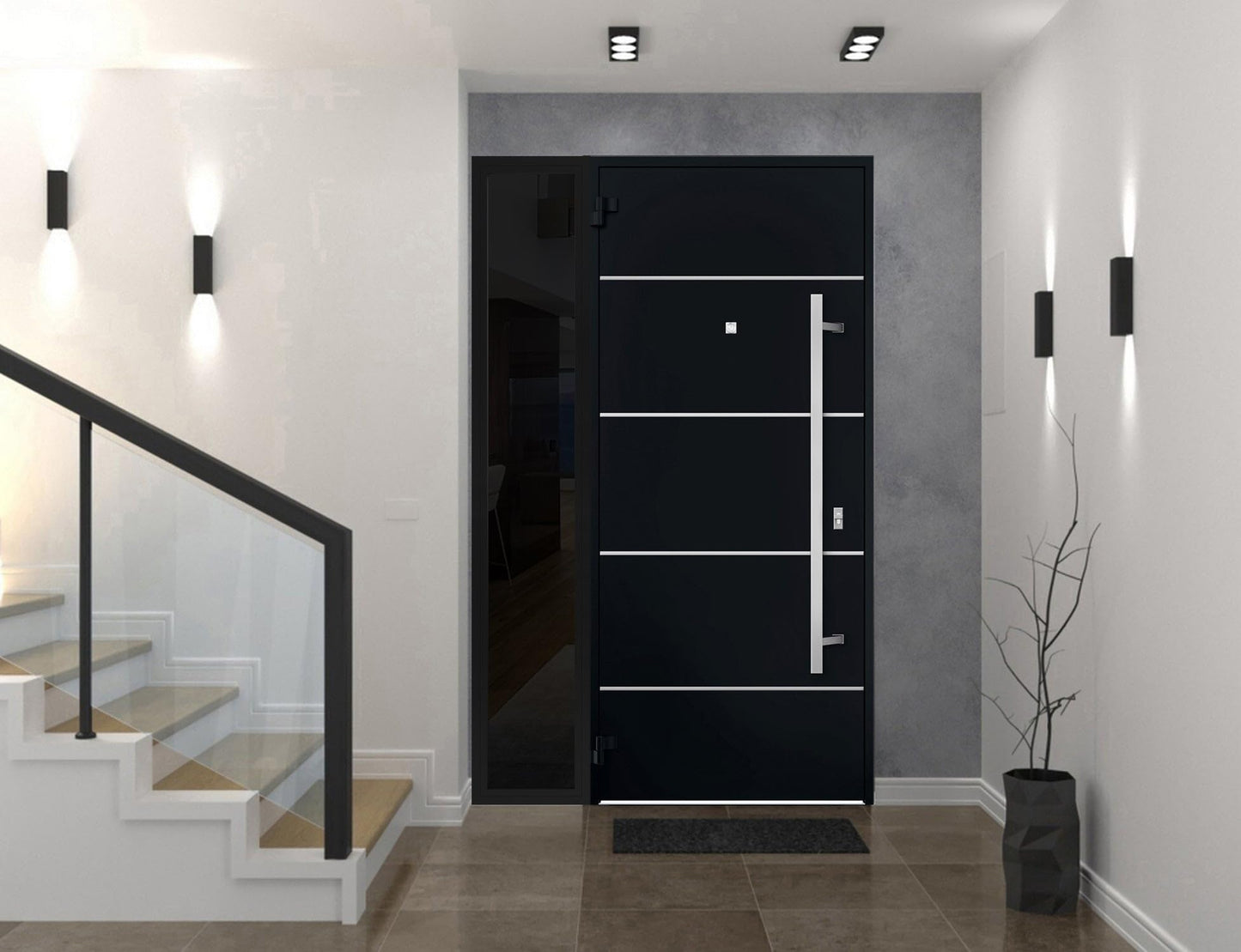 VDOMDOORS Front Exterior Prehung Steel Door/Deux 6083 Black Enamel/Side Exterior Window Sidelite/Stainless Inserts Entry Metal Modern Painted W36+16" x H80 Right Hand Inswing