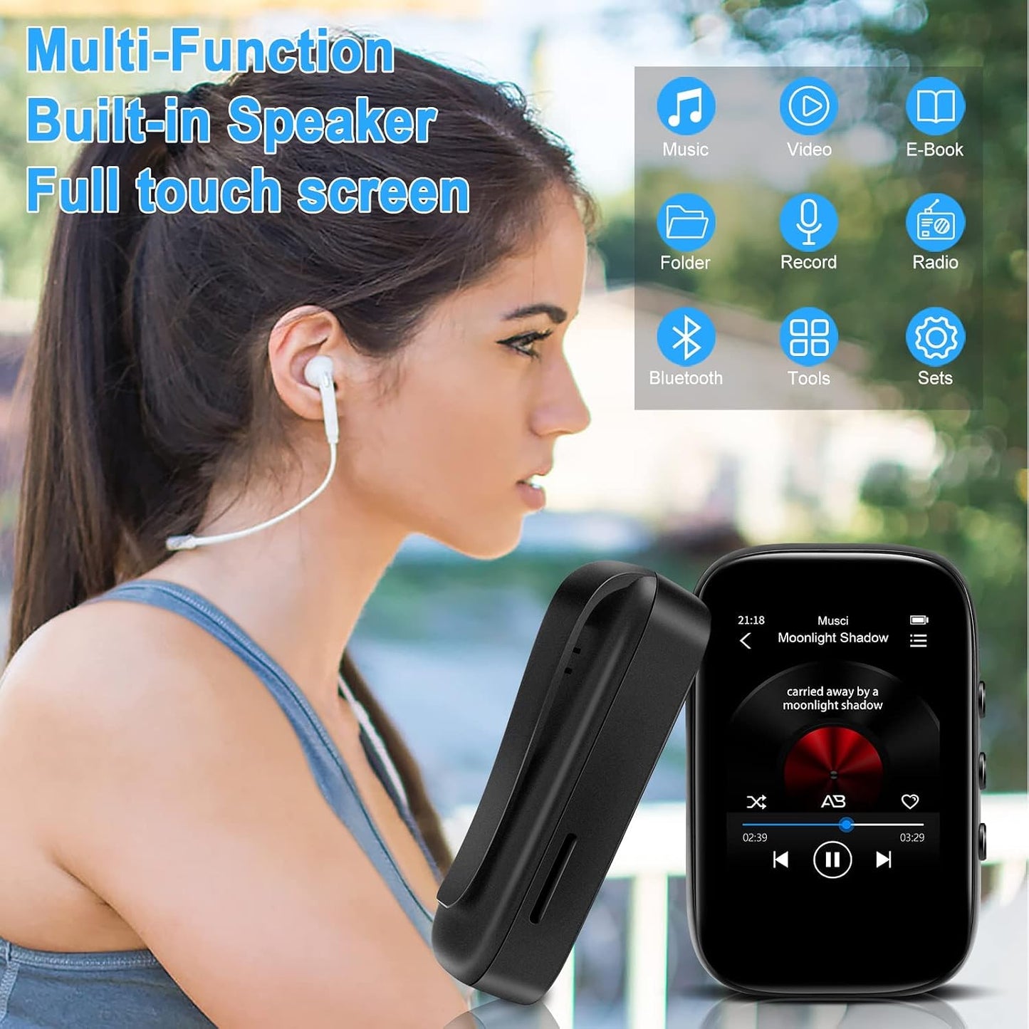 QNGEE 32GB Mp3 512GB Player with Bluetooth Sports Clip-on Music Player Support FM Radio Voice Record E-Book Calendar