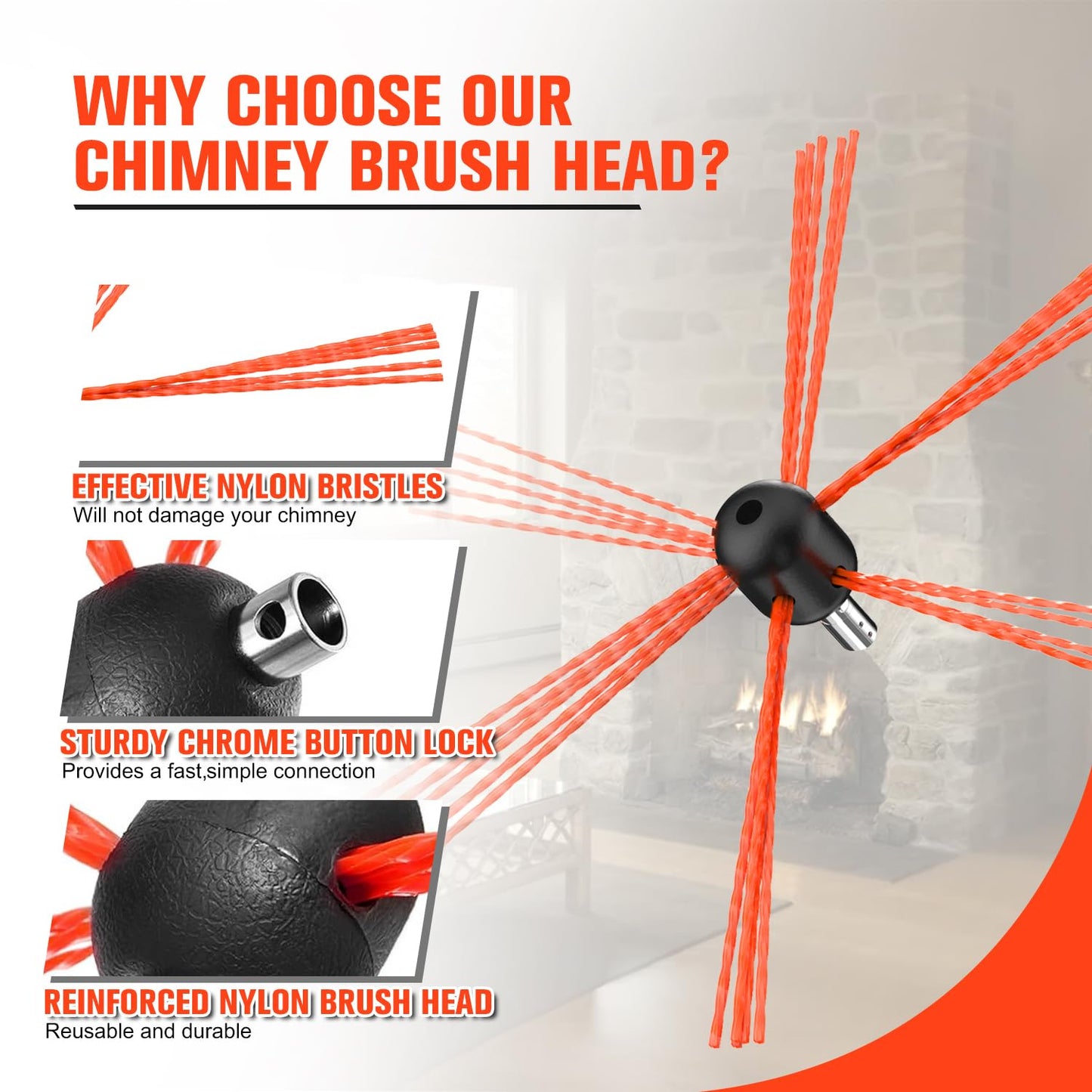Sealegend 1 Piece Chimney Sweep Brush Replacement, Chimney Cleaning Kit Accessories with Adapter for Electric Drill, Durable Nylon Brush for Fireplace Flue