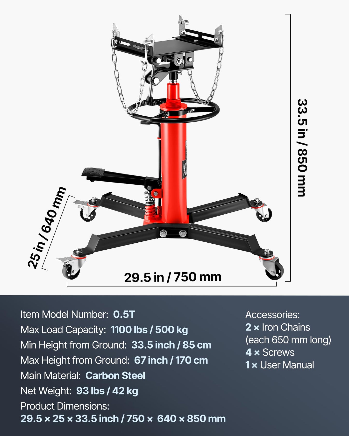 VEVOR 1/2Ton/1100lbs Capacity Hydraulic Transmission Jack, Car & Truck Compatible, 33.5-67 Inch Lift Range, 2-Stage Jack Stand with Foot Pedal, 360 Swivel Wheel, Red