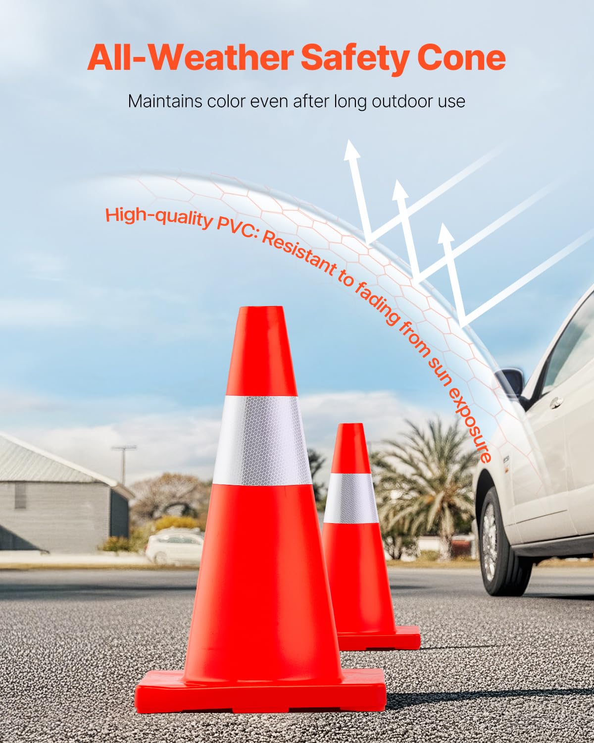 VEVOR 12Pack 18" Traffic Cones, Safety Road Parking Cones PVC Base, Orange Traffic Cone with Reflective Collars, Hazard Construction Cones for Home Traffic Parking