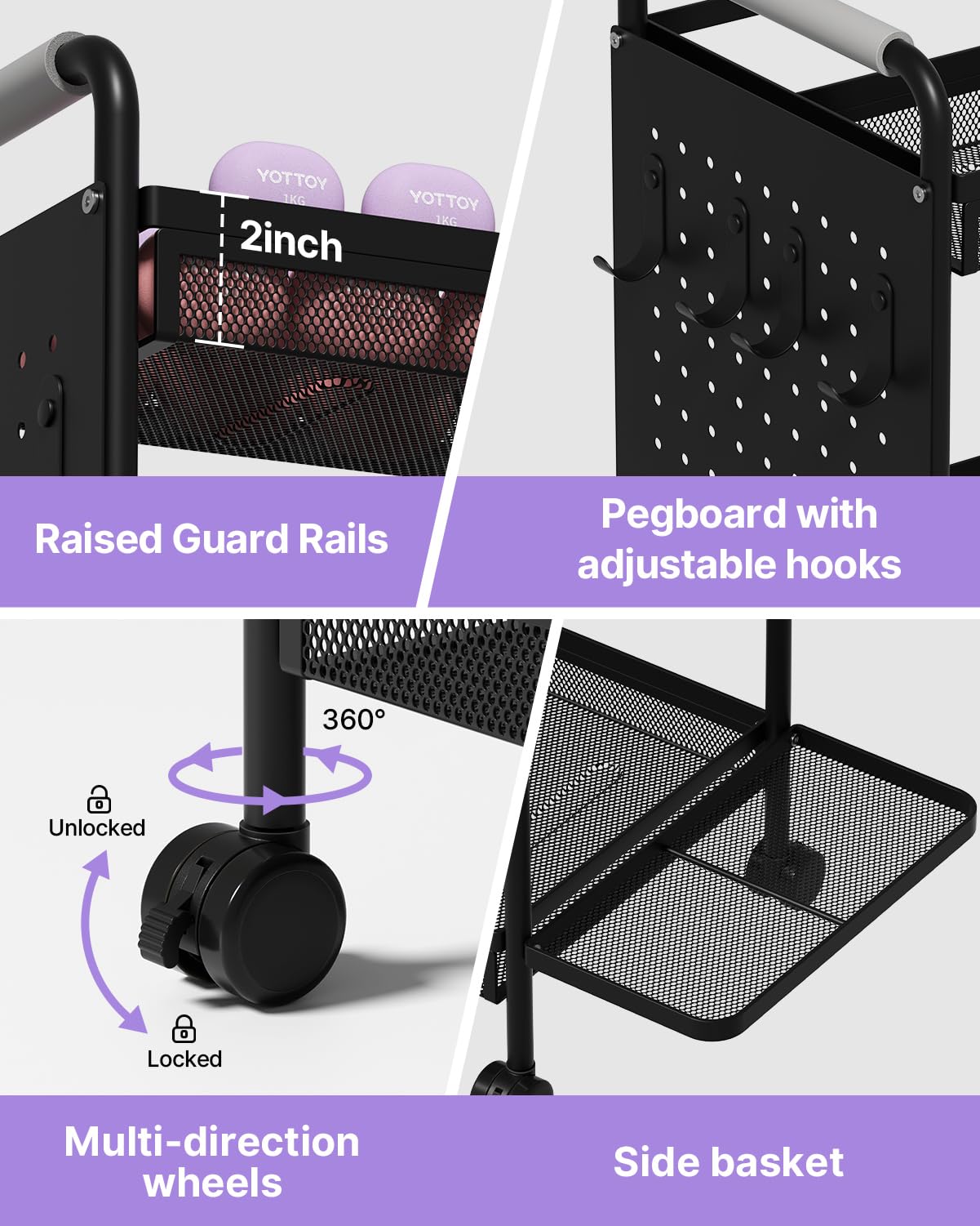 YOTTOY 3-Tier Gym Storage Rack for Home Gym–Multi-Functional Weight Rack, Dumbbell Rack, Yoga Mat Holder with Side Basket & 6 Hooks, Gym Equipment Organizer (Black)