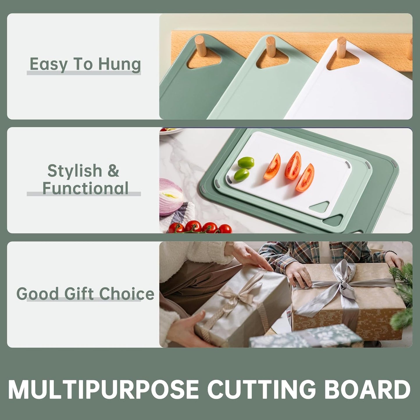 THETCHRY Plastic Cutting Board Set - BPA-Free Non-Slip Chopping Boards for Kitchen | 15"×10" Green