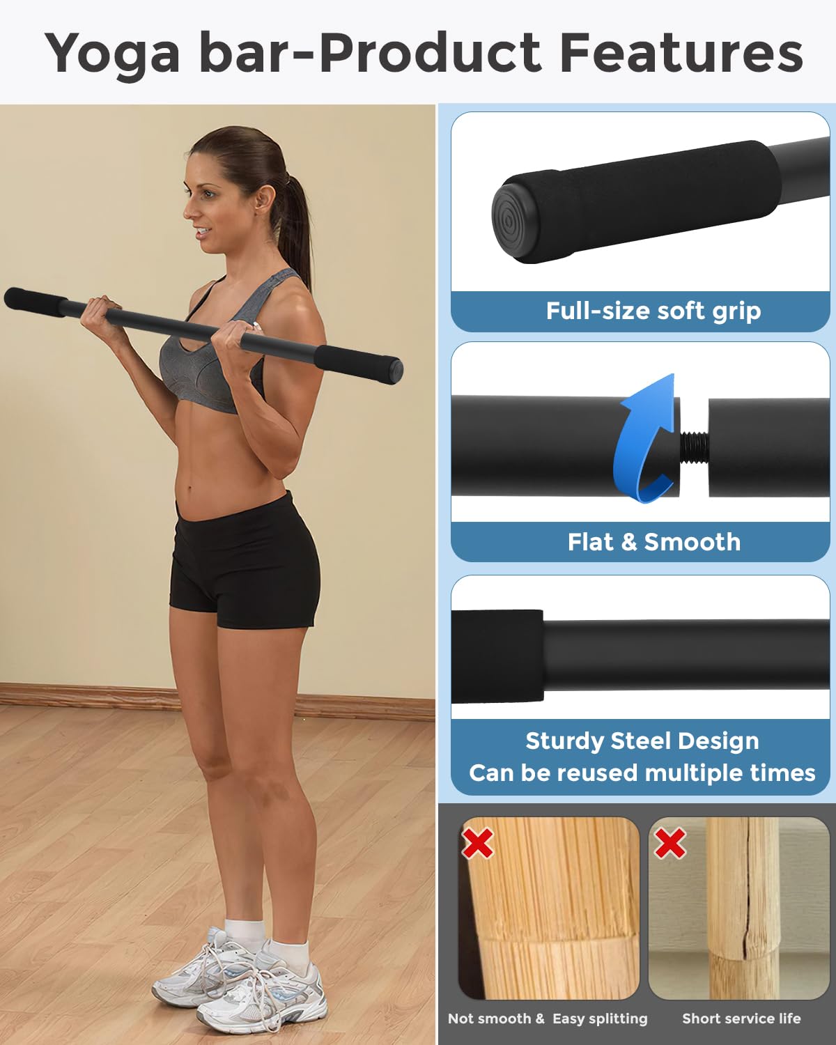 P Polerden Yoga Stick Sturdy Steel 5ft, Exercise Stick with Non-Slip Ends, Adjustable Stretch Stick for Mobility, Exercise Dowel for Physical Therapy, Balance Pole and Yoga Bar for barra para hacer ejercicio