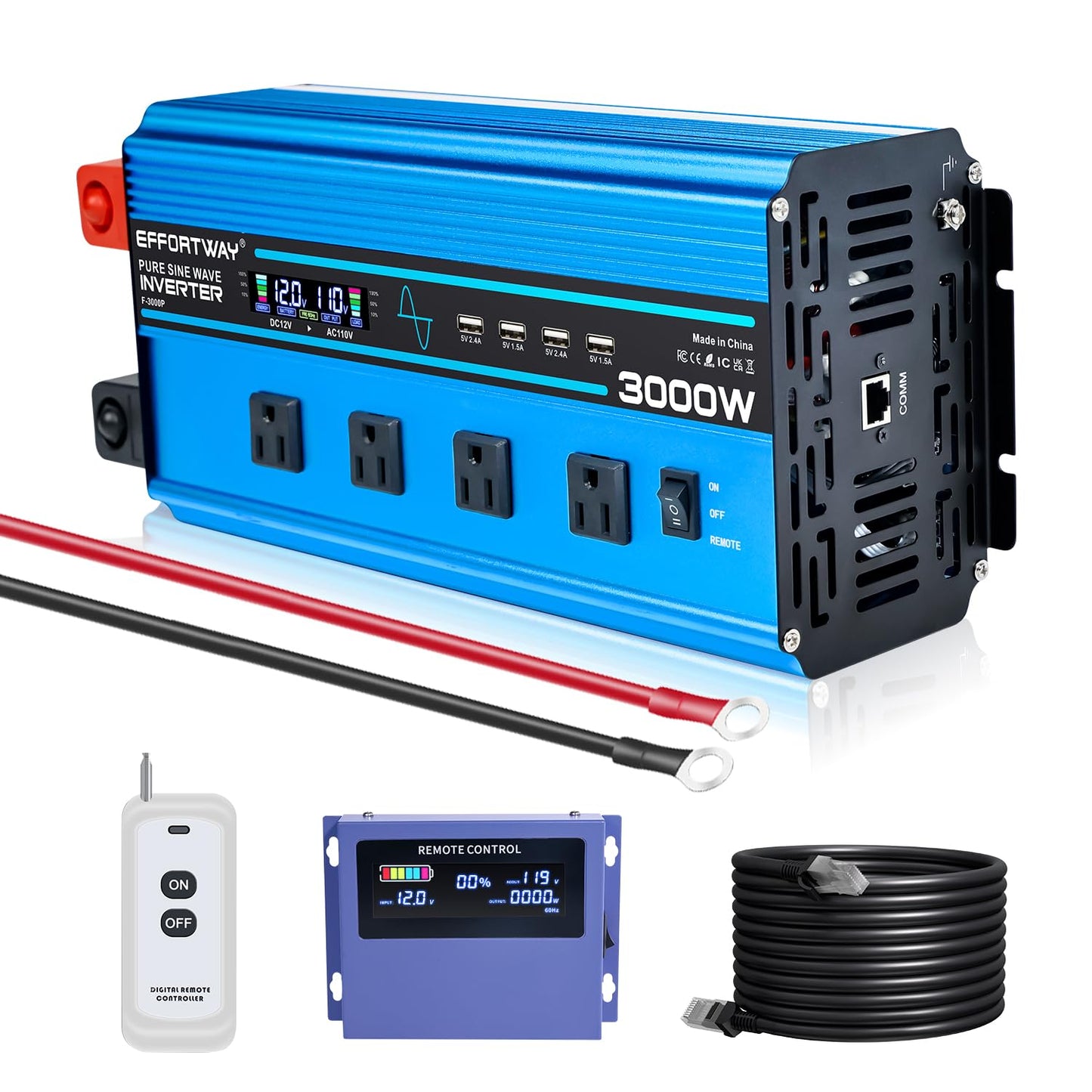 3000w Pure sine Wave Inverter DC 12V to AC 110V/120V Converter, 6000w (Peak) with LCD Display, Wireless/Wired Remote Control, 4AC outlets and 4USB.Ideal for Camping, RV Travel, Off-Grid Solar Systems