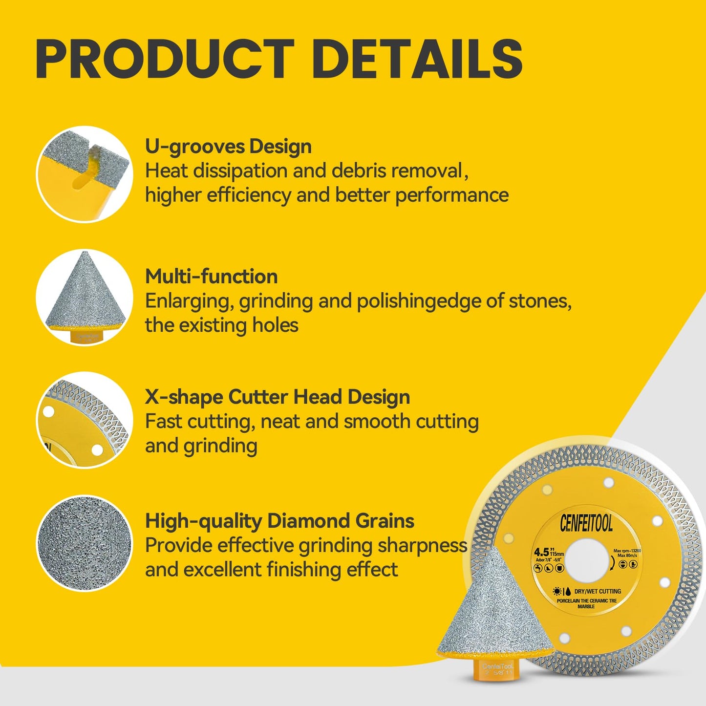 Upgrade 15PCS Diamond Tile Hole Saw Kit: Tile Drill Bits 5/8-11 6/6/8/20/25/35/50/75/100mm, Finger Bit/Chamfer Bit/Cutting Disc/SDS Adapter, Diamond Core Drill Bits Set, Ceramic Tile Porcelain Granite