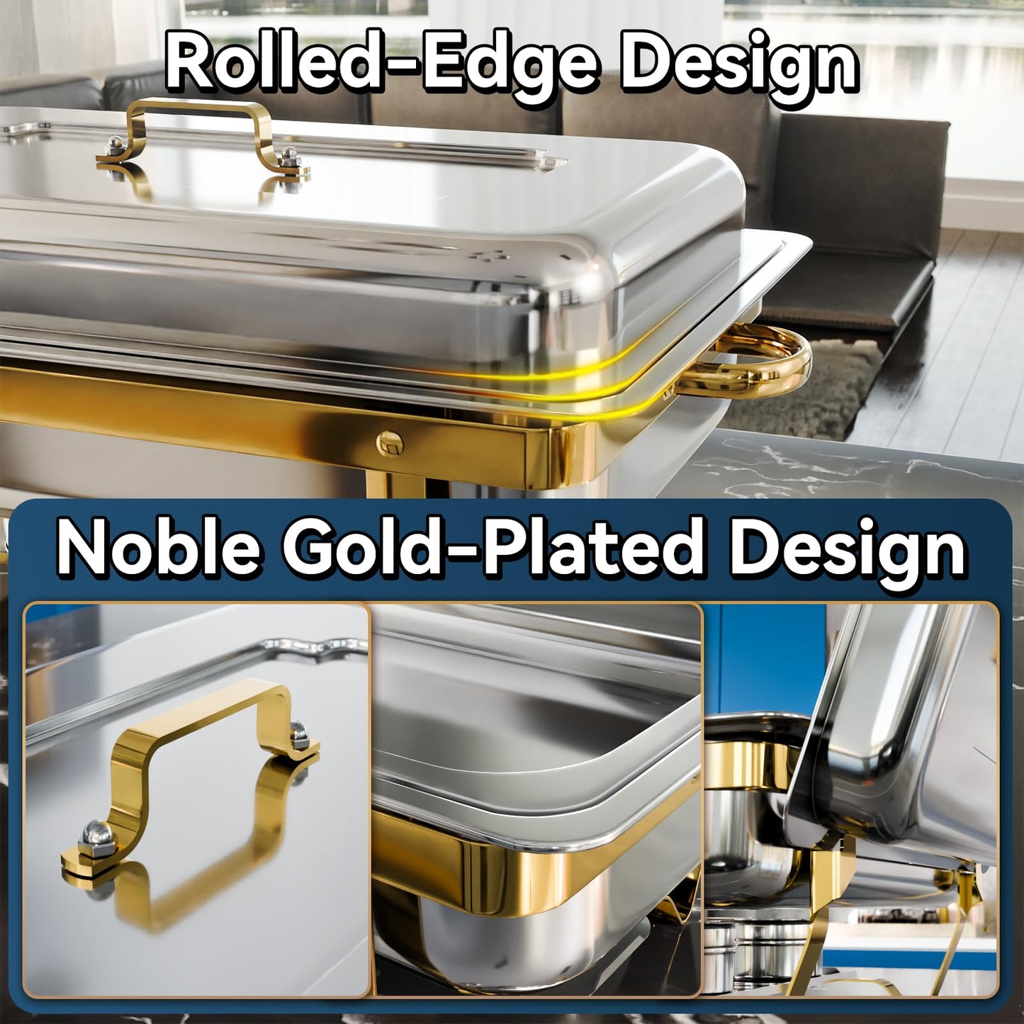 Amhier Chafing Dishes for Buffet 9Qt 4 Pack [Multiple Food Pans Combo] | [Sturdy and High Grade] Stainless Steel Chafing Dishes for Weddings, Parties & Festival, Gold
