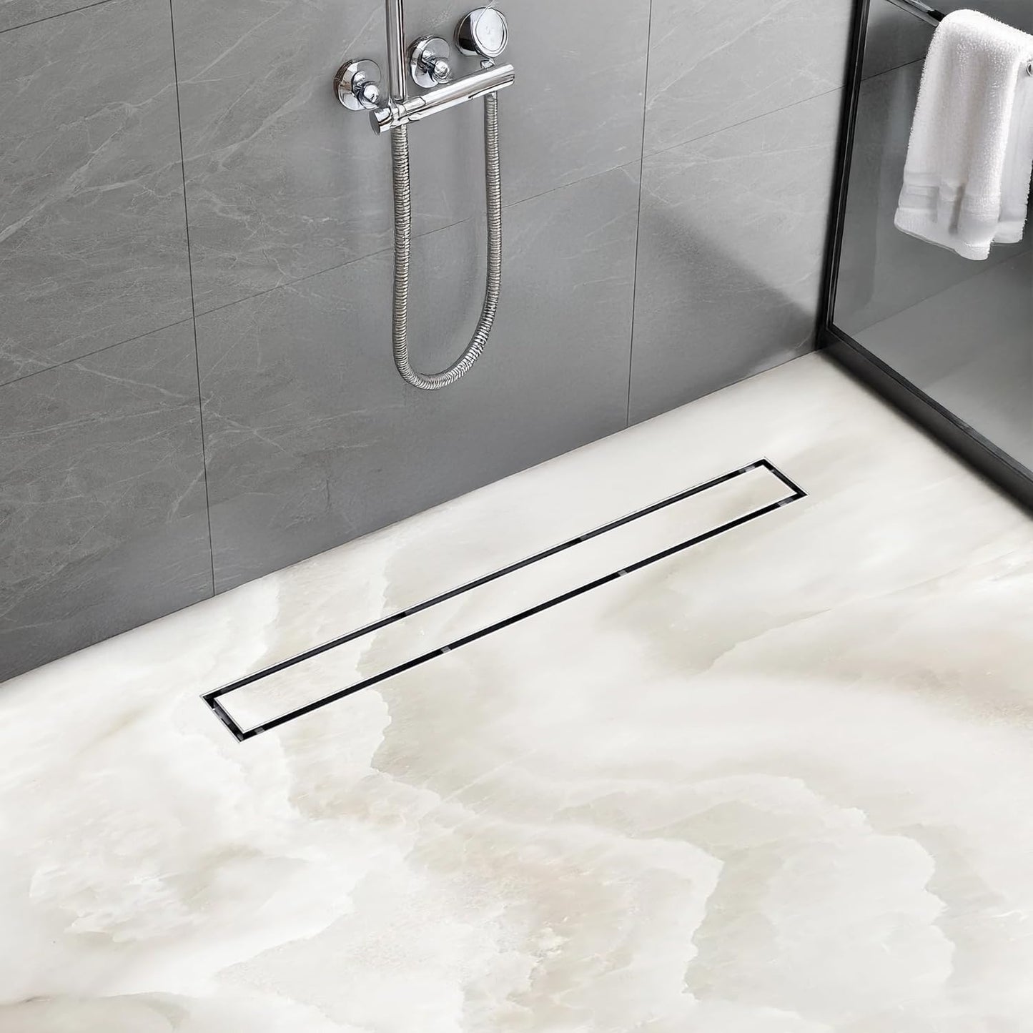morefine Linear Shower Drain, 60 inch 304 Stainless Steel Shower Floor Drain with Tile Insert Grate, Adjustable Feet and Hair Filter