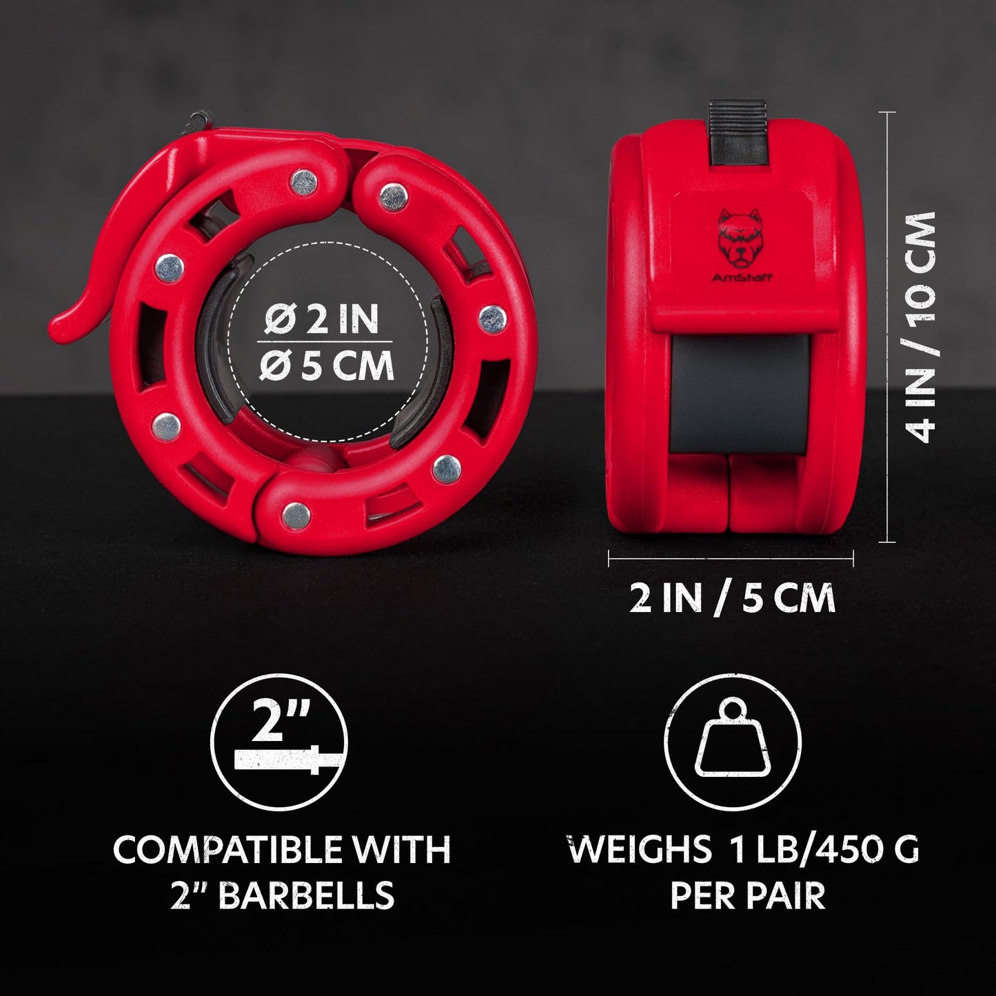 AmStaff Fitness Barbell Collars Clamps – Quick Release 2 inch Locking Olympic Bar Collars for Weightlifting, Powerlifting, and Strength Training (Pair, Red)