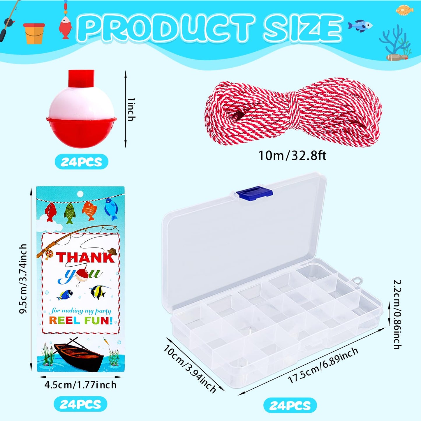 Cherizia 73Pcs Fishing Party Favors Candy Little Tackle Boxes 24 Sets with Red White Floater Thank You Cards for Making My Reel Fun Fishing Gone Theme Party Decorations (24)