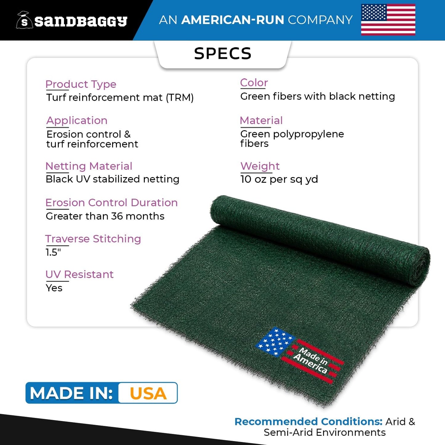 10 oz Turf Reinforcement Mat for Erosion Control – TRM for Slopes & Channels | USA Made - Sandbaggy (5, 8 ft x 112.5 ft Roll)