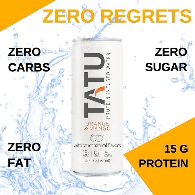 TATU Ready-To-Drink Protein Infused Water Orange Mango 4 Pack. 15 grams of whey protein isolate, 0 grams of sugar, only 60 calories. Lemon Ginger and Orange Mango. Gluten Free, lactose free.