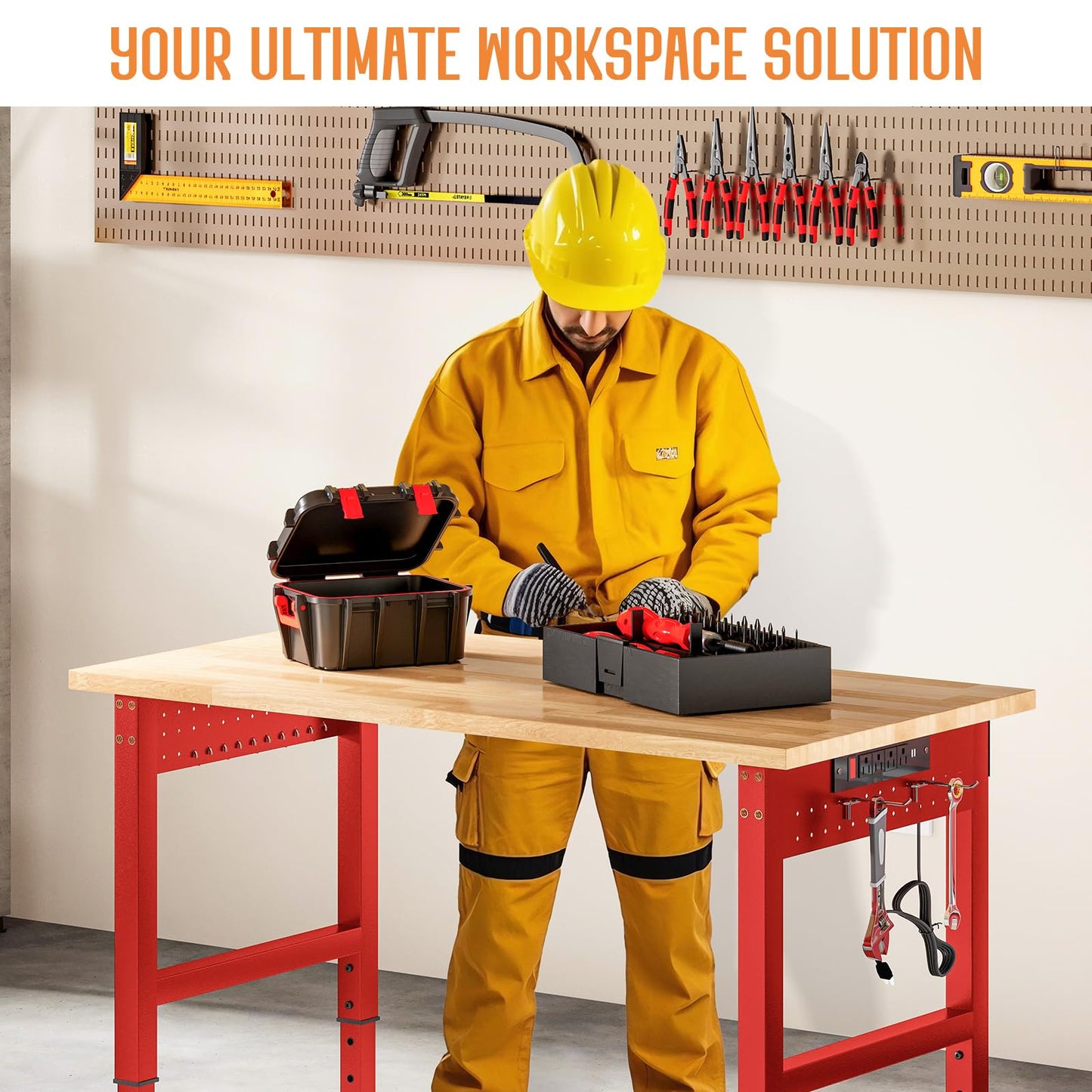 SPECRAFT Red Adjustable Heavy Duty Workbench with 4 AC Outlet and 2 USB Ports Power Outlets, 2000 Lbs Capacity, Rubber Wood Top for Garage, Workshop, Office