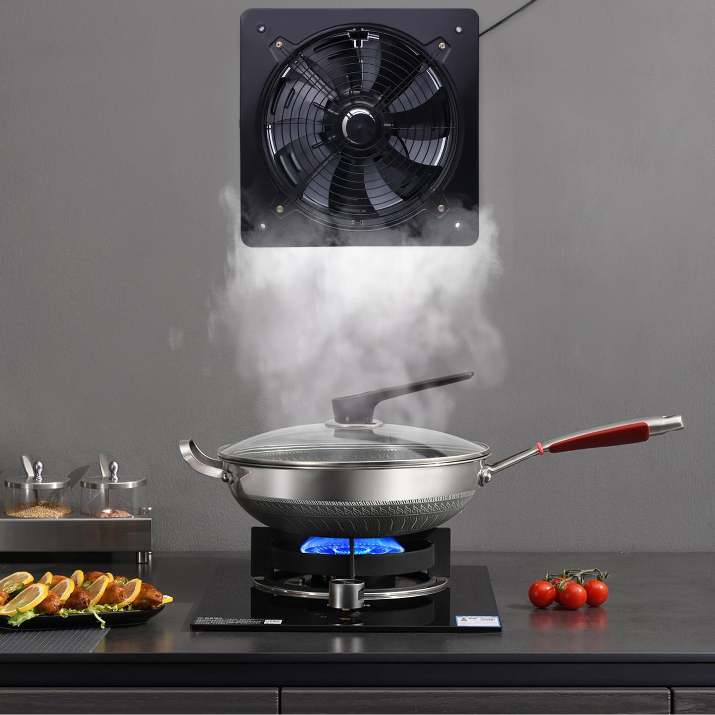 Wall Mounted Explosion Proof Fan, Industrial Axial Exhaust Fan with 750W 2800 Rpm Backdraft Damper & Thickened Protective Mesh Noise Free Square Kitchen Extractor Fan for Workshop Warehouse Apartment