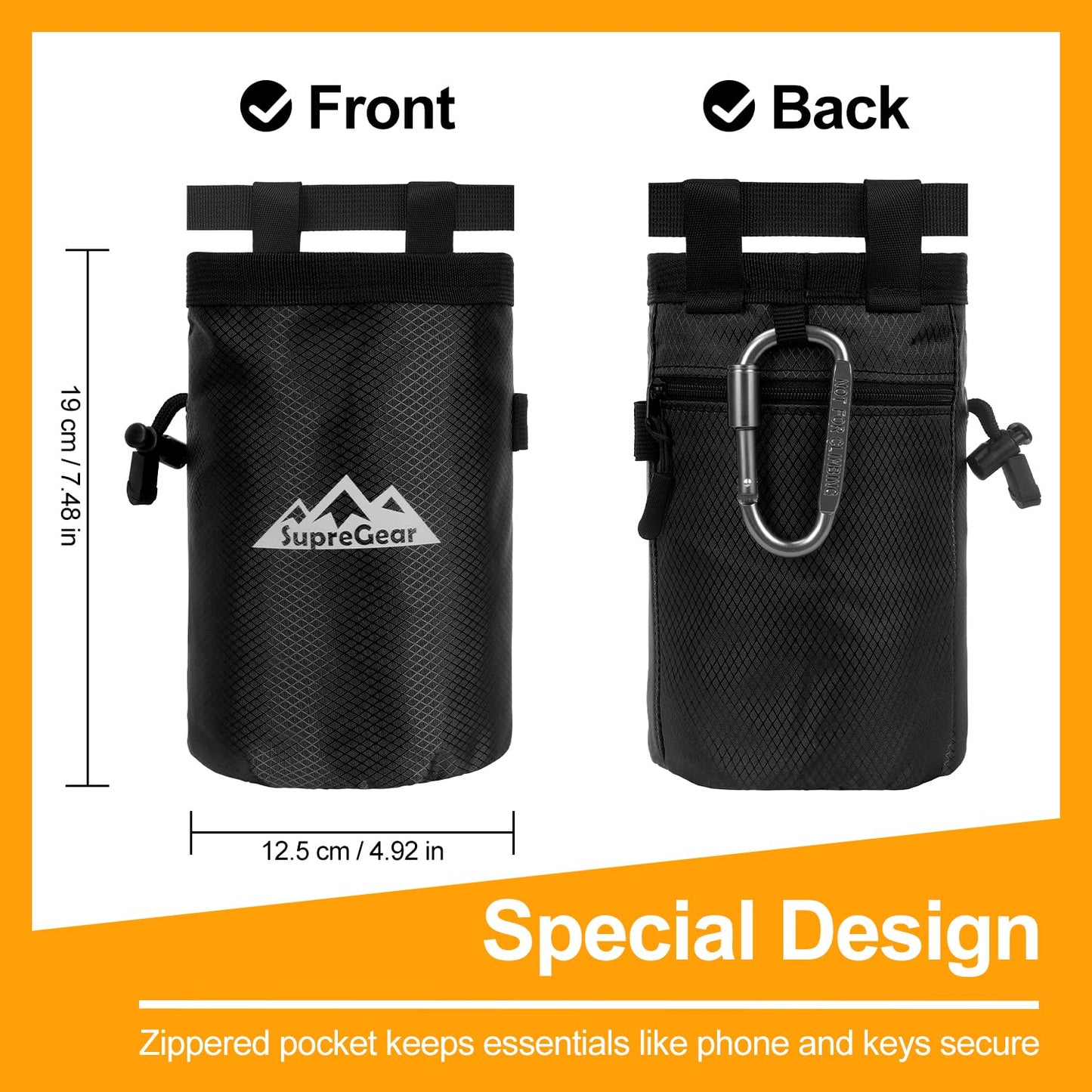 supregear Chalk Bag for Rock Climbing, Large Zipper Pocket with Brush Holder, Drawstring Closure, and Carabiner Clip, Ideal for Bouldering, Weightlifting, Gym, Black