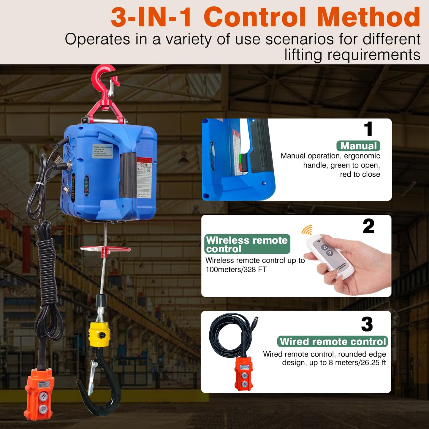 Dremvoist 3 in 1 Electric Hoist Winch,1100LB 1500W Portable Power Winch Crane,110V/120V Electric Winch Crane with Manual Wire Wireless Remote Control,26FT Lifting Height,for Towing,Warehouse,Factories