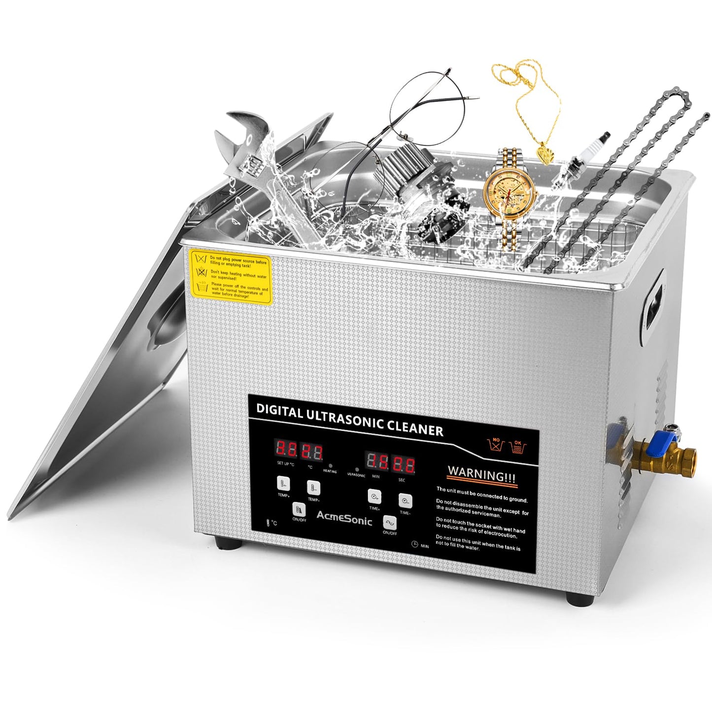 ACMESONIC Ultrasonic Cleaning Machine 15L Digital Ultrasonic Parts Cleaner with Timer 40kHz SUS 304 Stainless Steel Lab Sonic Cleaner for Professional Tools,Metal Parts,Jewelry,Eyeglasses