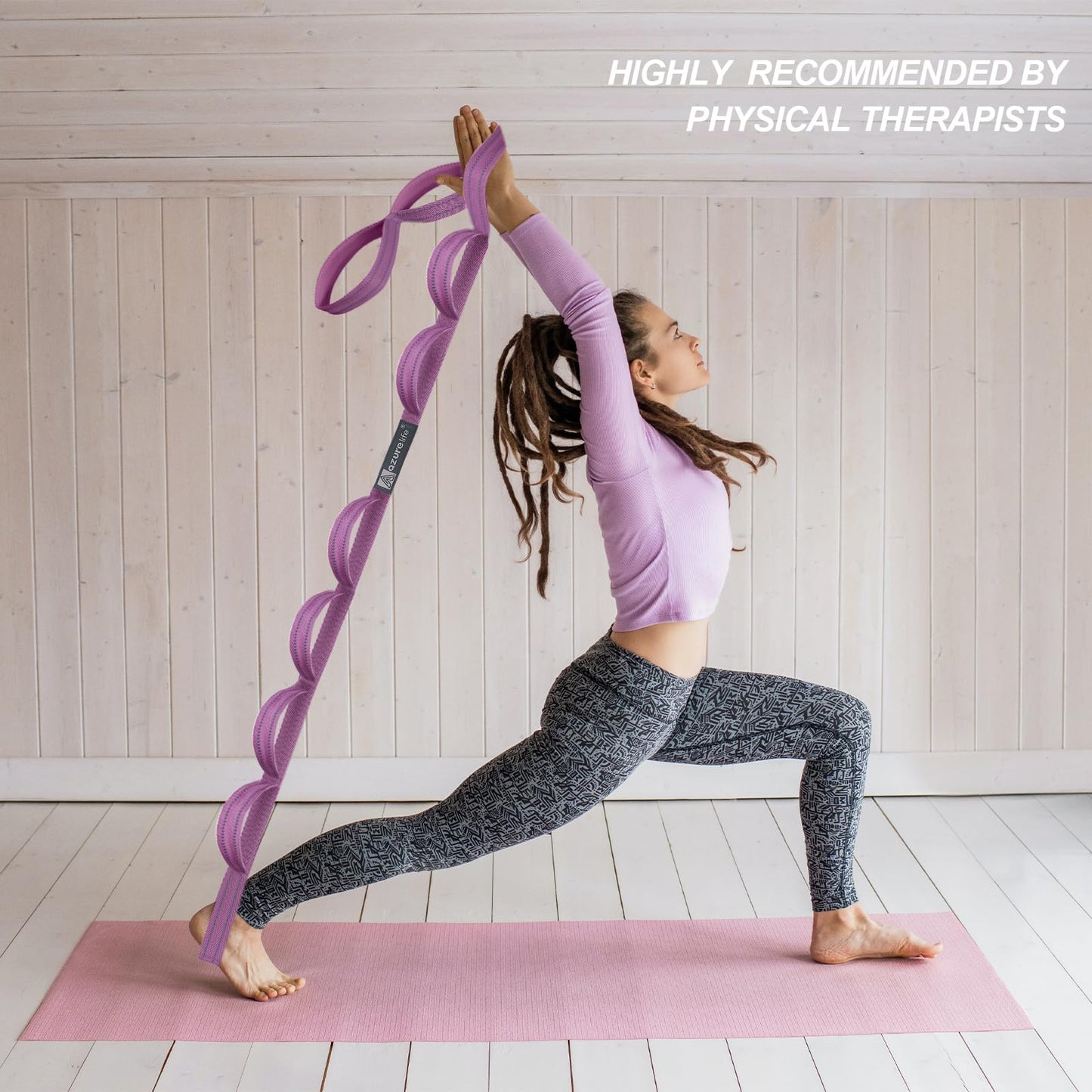 A AZURELIFE Premium Durable Cotton Stretch Strap with 10or12 Loops,, Non-Elastic Yoga Strap for Stretching, Multi-Loop Fitness Stretch Band for Physical Therapy, Yoga, Pilates&Dance (Purple - 12