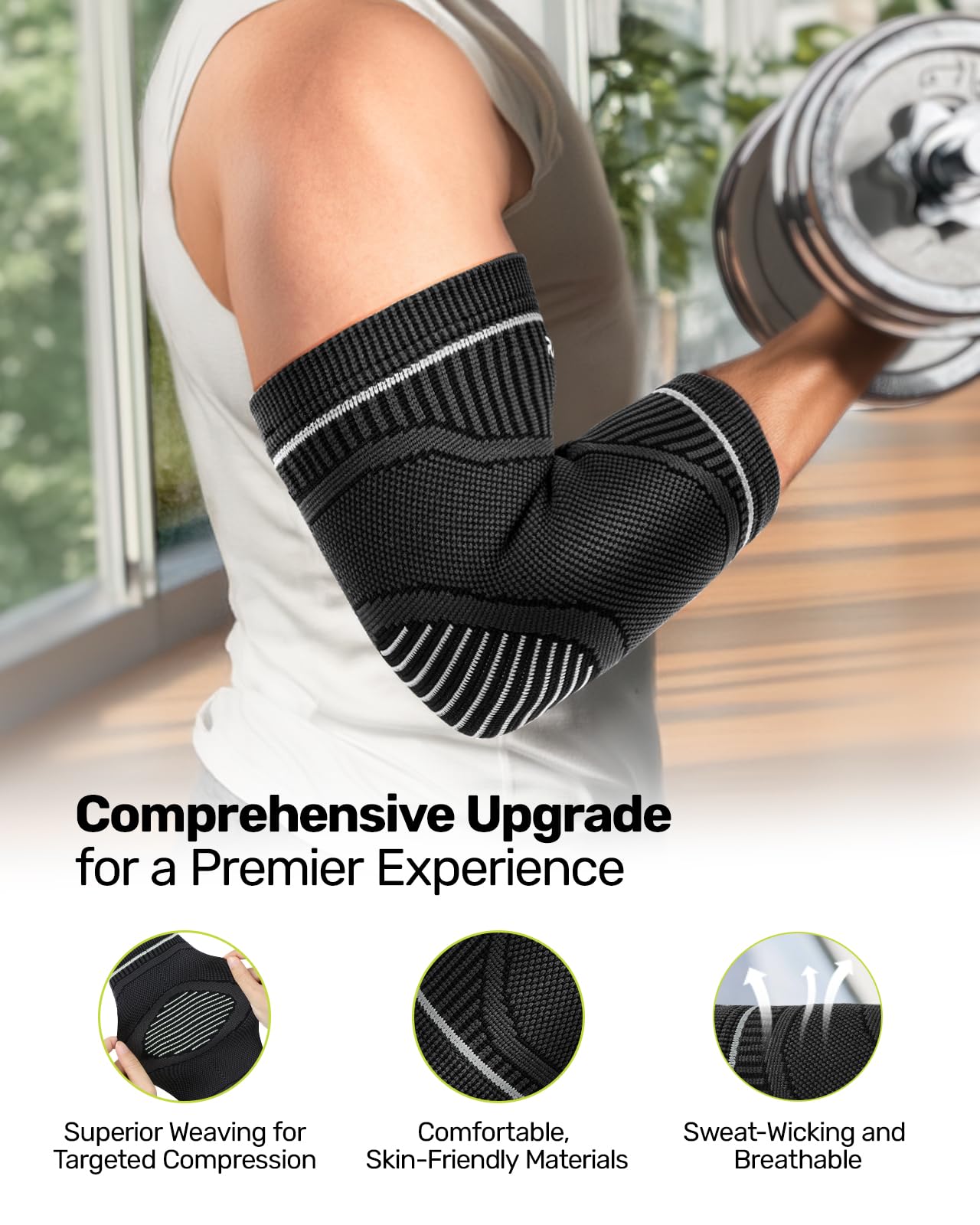 Rakiie Elbow Compression Sleeve 2 Pack, High Elastic Elbow Brace for Tendonitis and Tennis Elbow for Women & Men, Elbow Sleeve for Tennis, Golfer, Badminton, Weightlifting, Grey M