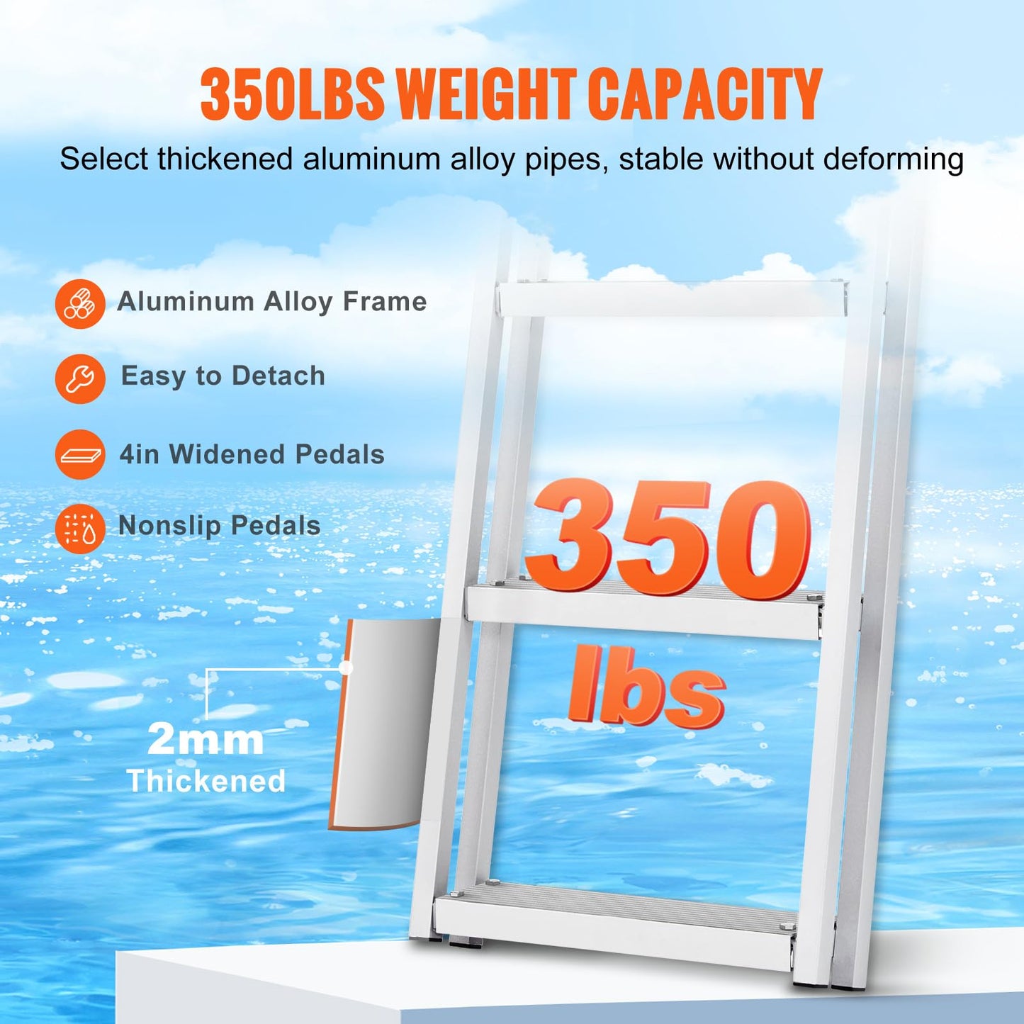 VEVOR Removable Dock Ladder 5 Steps, 350 lbs Load Capacity, Pontoon Boat Ladder with 4'' Wide Step & Nonslip Mat for Ship/Lake/Pool/Marine Boarding