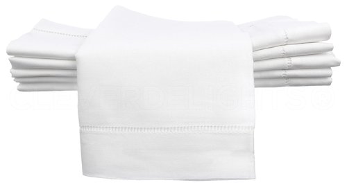 CleverDelights 20" White Hemstitch Dinner Napkins - 12 Pack - 55/45 Linen Cotton Blend
