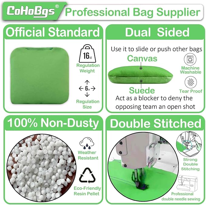 CoHoBgs Corn Hole Bags Set 8, Professional Cornhole Bags Dual-Sided Slick & Stick Resin Filled Suede and Duck Canvas Bean Bag for Cornhole Game Includes Carry Case