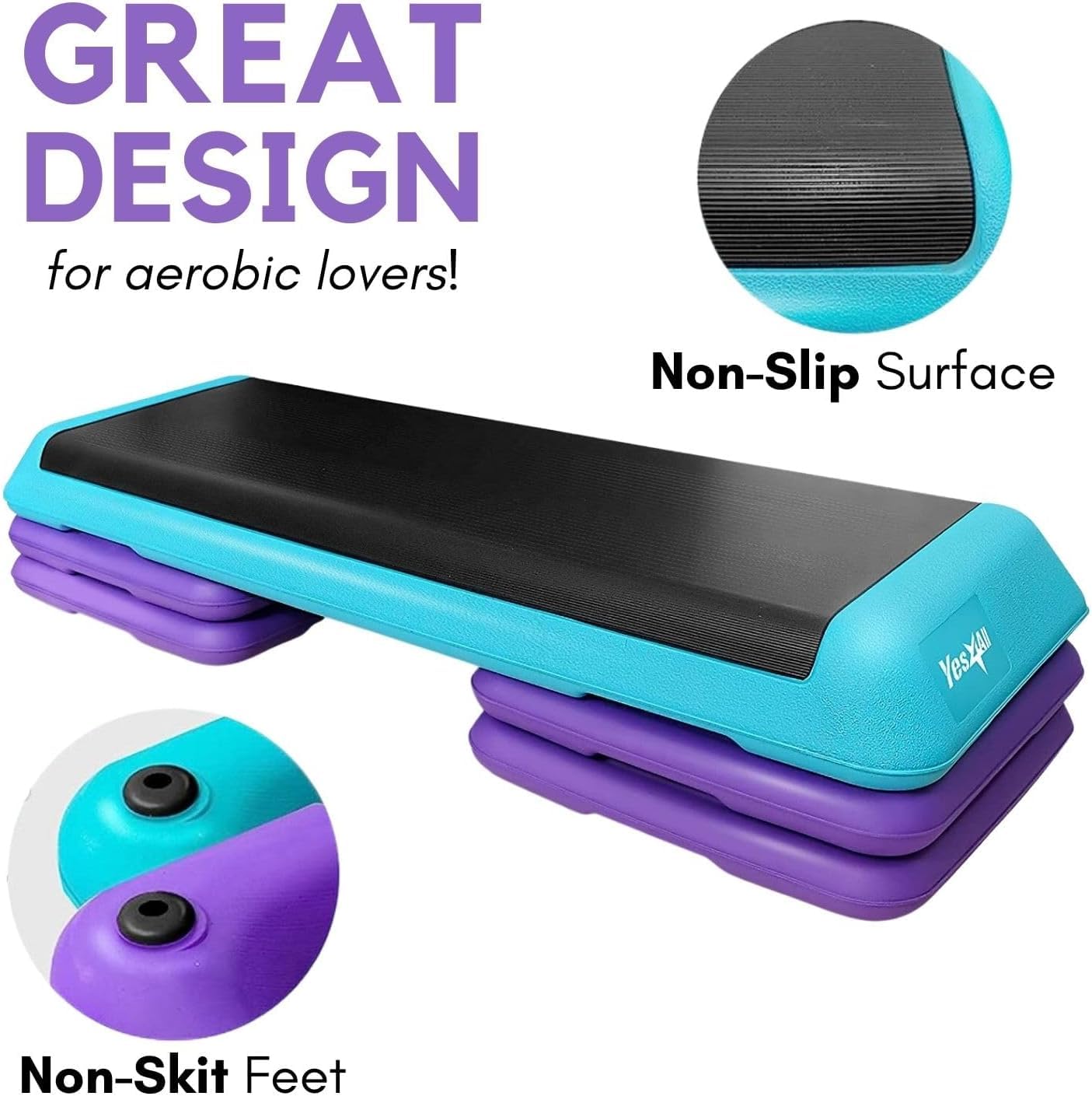 Yes4All Adjustable Workout Aerobic Exercise Step Platform Health Club Size with 4 Adjustable Risers Included and Greater Risers Options - Teal Purple