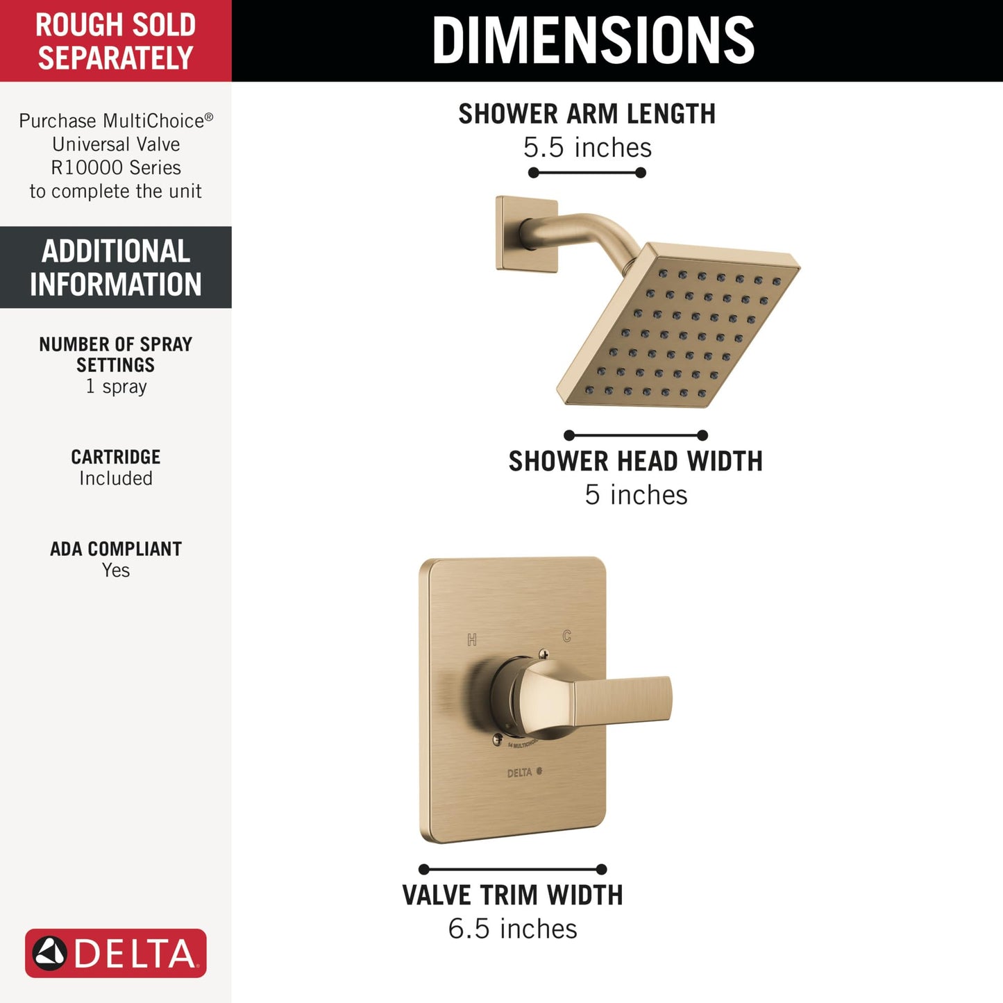 Delta Velum 14 Series Shower Faucet Set, Brushed Gold Shower Head and Handle Set, Valve Trim Kit, Champagne Bronze T14237-CZ (Valve Not Included)