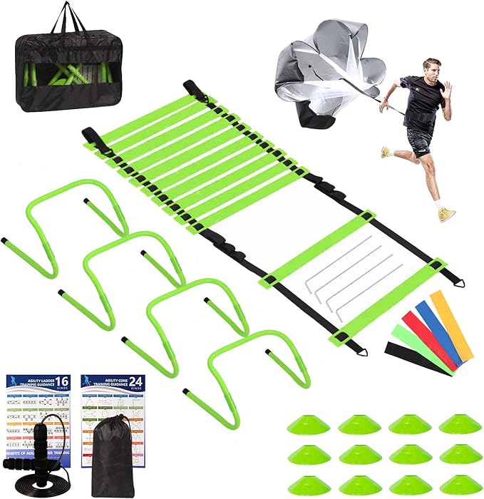 Agility Ladder, Agility Speed Training Set, 20ft 12 Rung Agility Ladder, 4 Agility Hurdles, 5 Resistance Bands, 12 Resistance Cones, Running Parachute, Jump Rope for Athletes, Adults