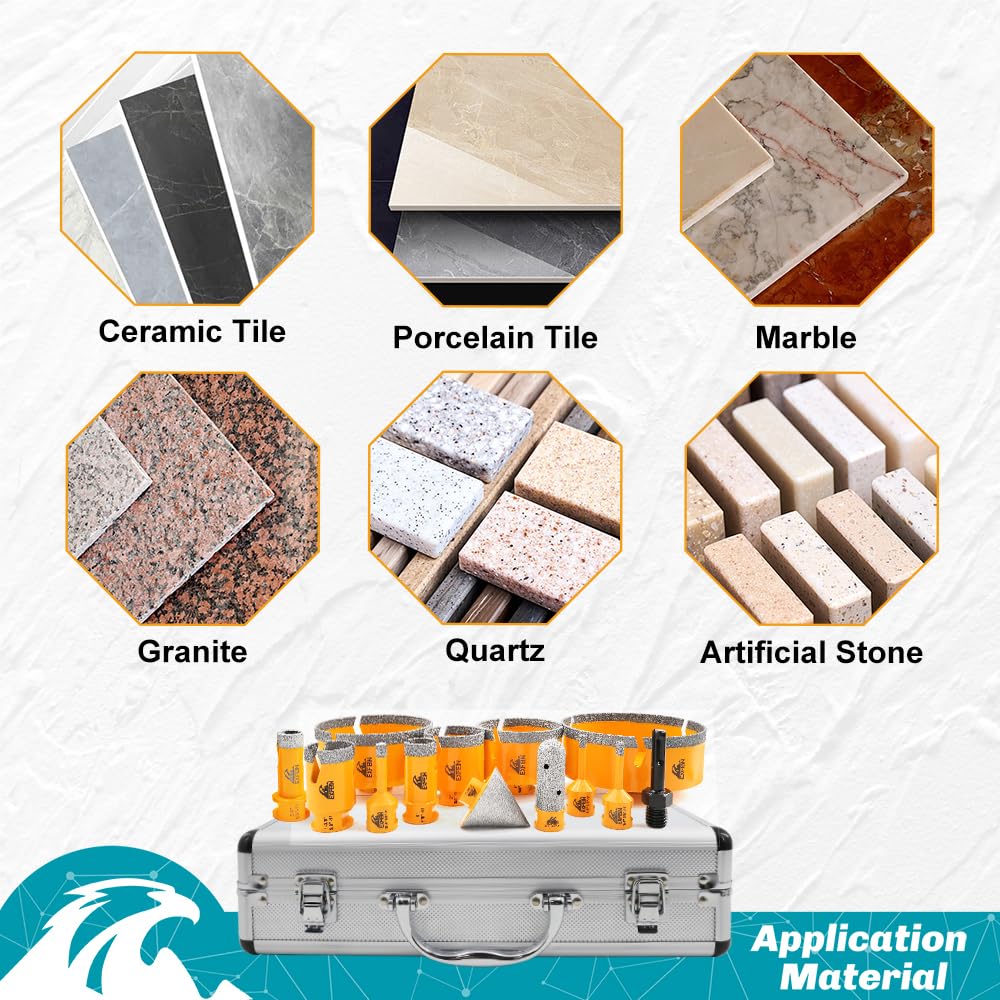 EXFEIN Tile Hole Saw Kit 13pcs - Diamond Core Drill Bits 6/6/8/19/25/35/50/75/102/125mm for Tile Porcelain Marble Granite with 20mm Diamond Finger Bit and 2" Chamfer Bit Trimming Hole and SDS Adapter