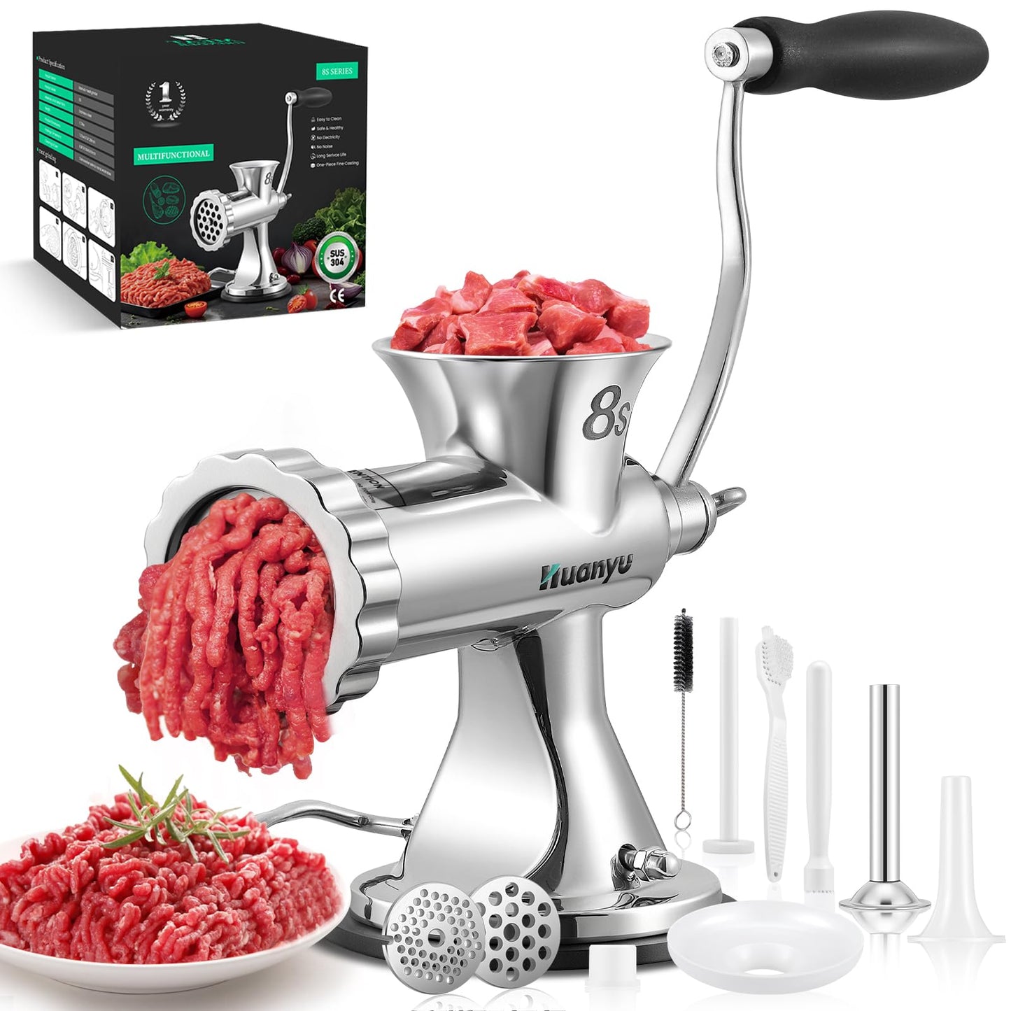 Huanyu Manual Meat Grinder - Heavy Duty Stainless Steel, Effortless Hand Crank for Fresh Ground Beef, Sausages & Pet Food - Compact, Dishwasher Safe - Perfect for Home Restaurant & Outdoor