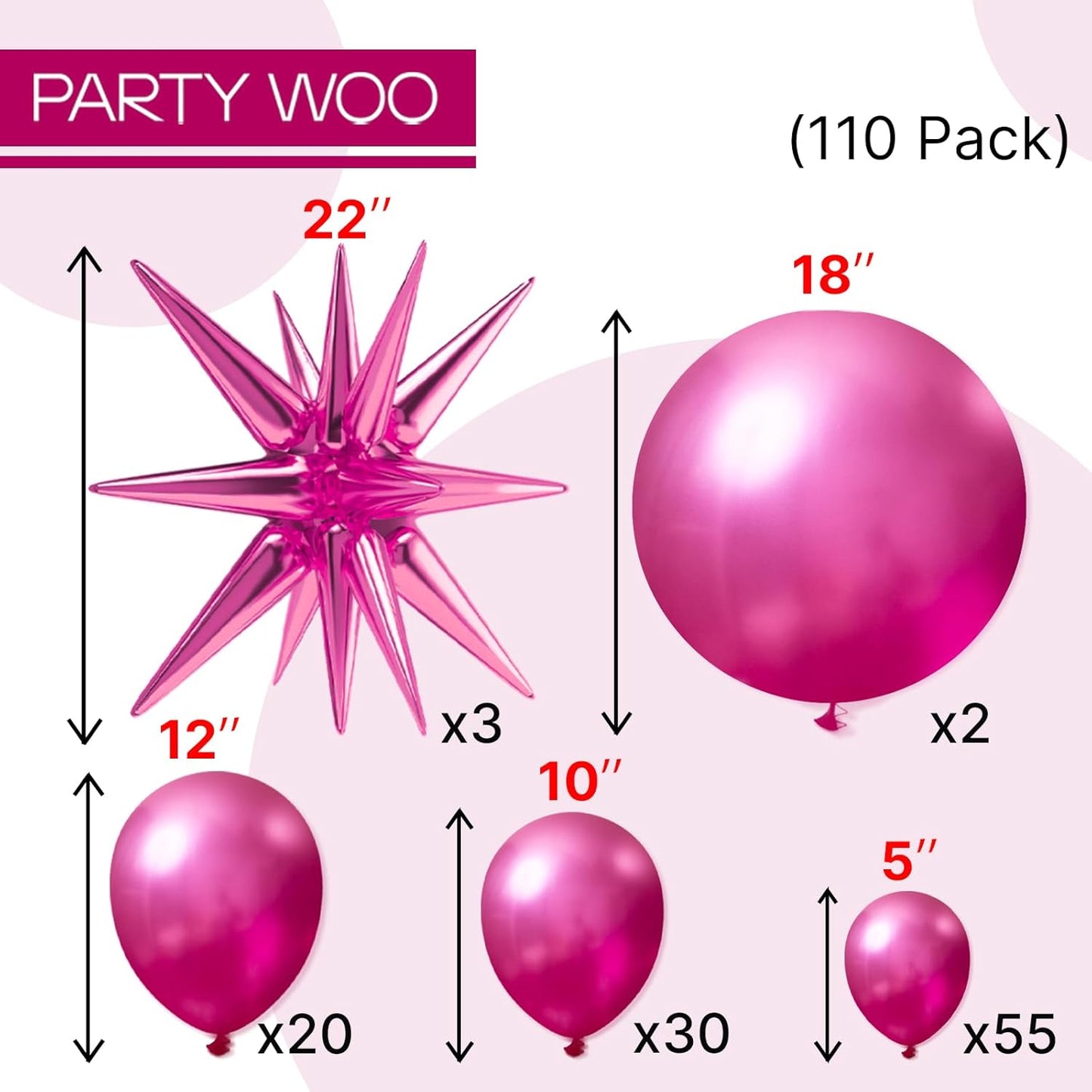 PartyWoo Metallic Pink Star Balloons - 110-Piece Foil Mylar Balloon Arch Kit for Birthday & Wedding Decor | Various Sizes 5-22 Inches