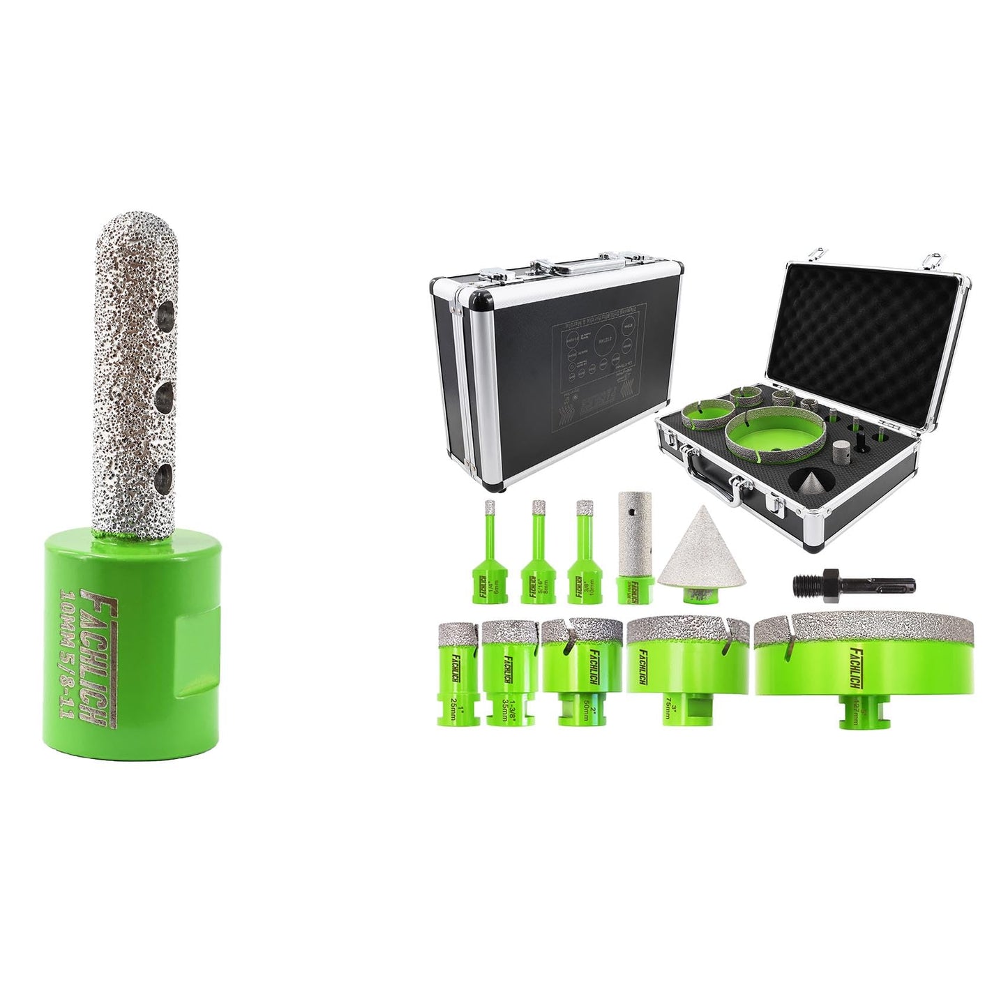 Diamond Finger Milling Bit 10mm - FACHLICH 5/8" 11 Thread and FACHLICH Diamond Core Drill Bits Set - Tile Hole Saw Kit 6/8/10/25/35/50/75/127MM+20F with 2" Diamond Beveling Chamfer Bits