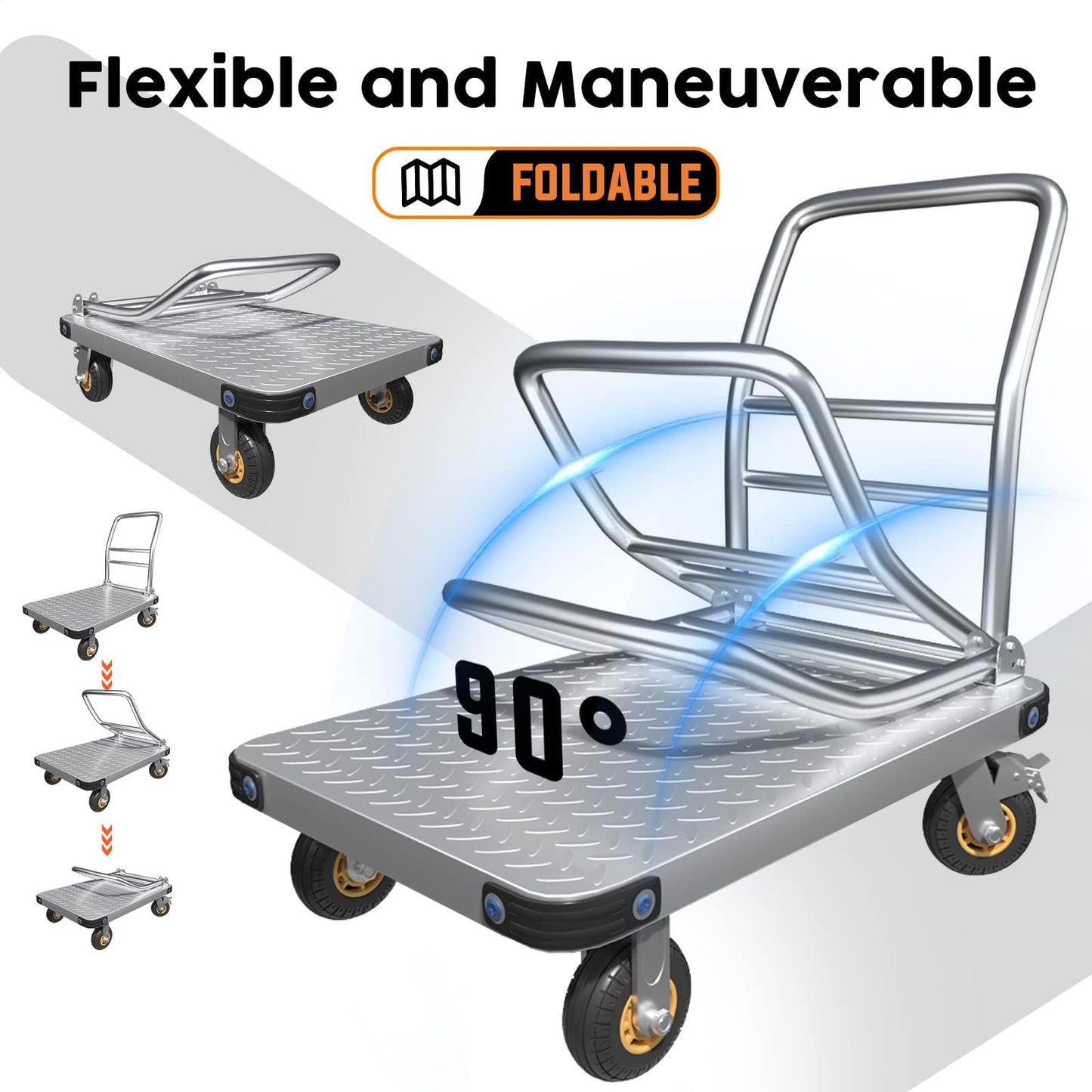 Lomive Heavy Duty Platform Truck Flat Moving Cart Hand Trucks, 1500Lbs Steel Push Cart Dolly, 30 x 19in Large Flatbed with 4'' 360 Degree Swivel Wheels for Easy Storage