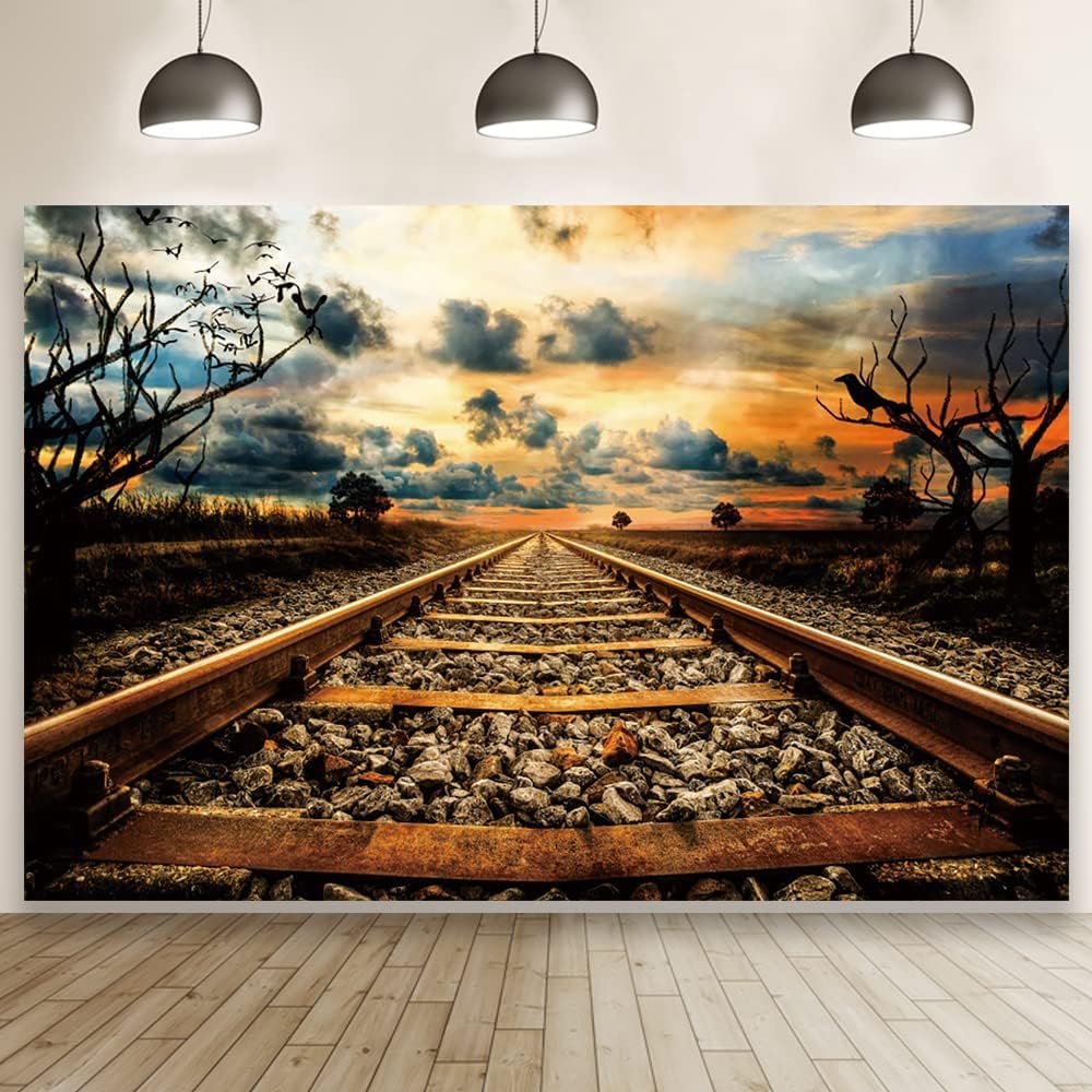 Eainb 10x8FT Sunset Old Train Track Backdrop Vintage Railway Station Photography Background for Photoshoot Nature