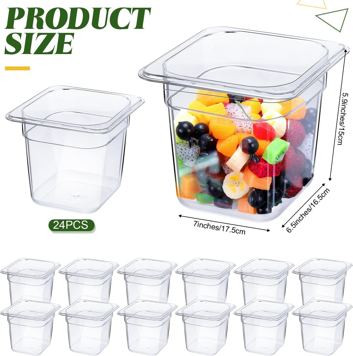 Yinder 24 Pcs Plastic Clear Food Pans 1/6 Size Stackable Polycarbonate Food Containers with Capacity Indicator Restaurant Commercial Hotel Pan for Fruits Vegetables Beans Corns (6'' Deep)