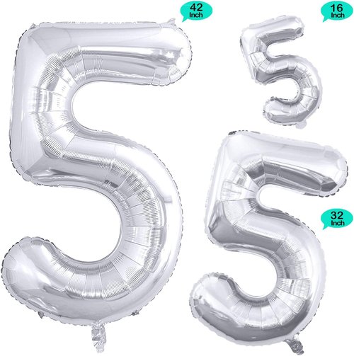 GOER Silver Foil Number 5 Balloons - Huge 42 Inch & 32 Inch for 5th Birthday Party Decorations (3 Pcs)