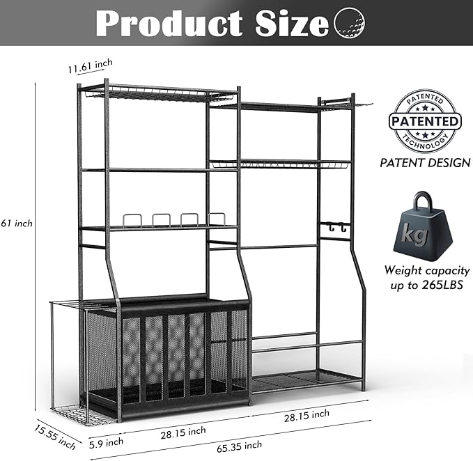 Garage Sports Equipment Organizer with Golf Bag Stand, Balls Storage Rack, and Toy Organizer ??Durable Indoor/Outdoor Multi-Use Rack for Kids' Gear and Seasonal Items
