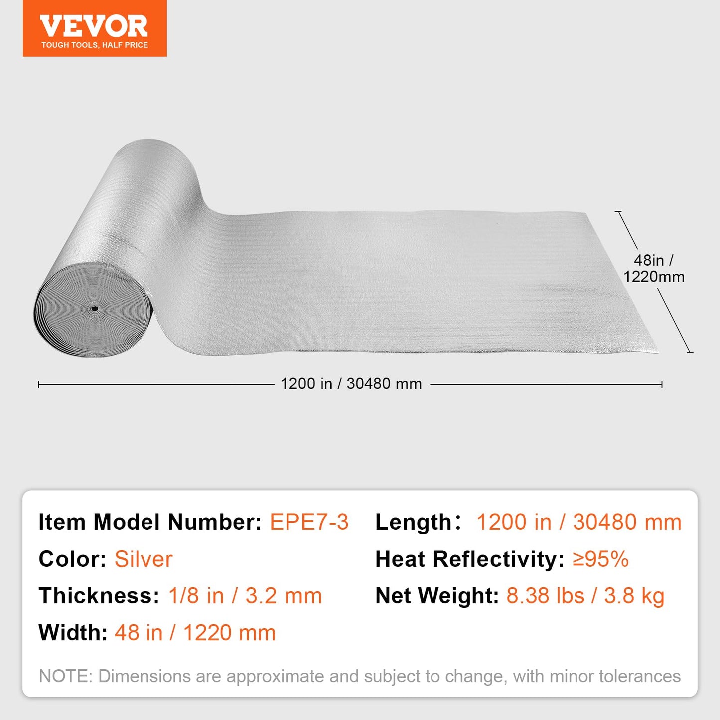 VEVOR Double Reflective Insulation Roll, Foam Core Radiant Barrier, 3.2 mm 48 in x 100 ft, Double-Sided Aluminum Foil EPE Foam Heat Reflective Shield, Thermal Insulation Roll for Window RV Roof