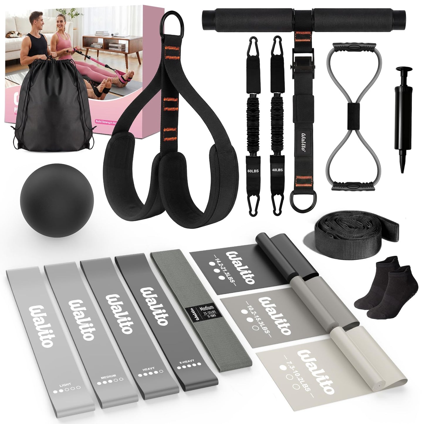 WALITO 15 PCS Pilates Kit, Adjustable Pedal Resistance Band with Handle, Figure 8 Resistance Band for Exercise Women, At Home Workout Equipment Set with Yoga Ball & Booty Bands for Full Body Gym