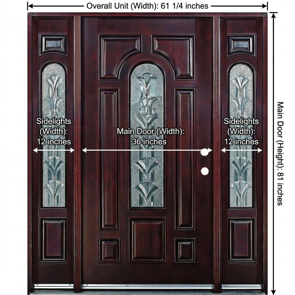 BGW Doors - Exterior Wood Door with Arched Glass Pre-Hung Pre-Finished Entry Door 280 with 12 Inch Side Lights- Lefthand Swing 36x80