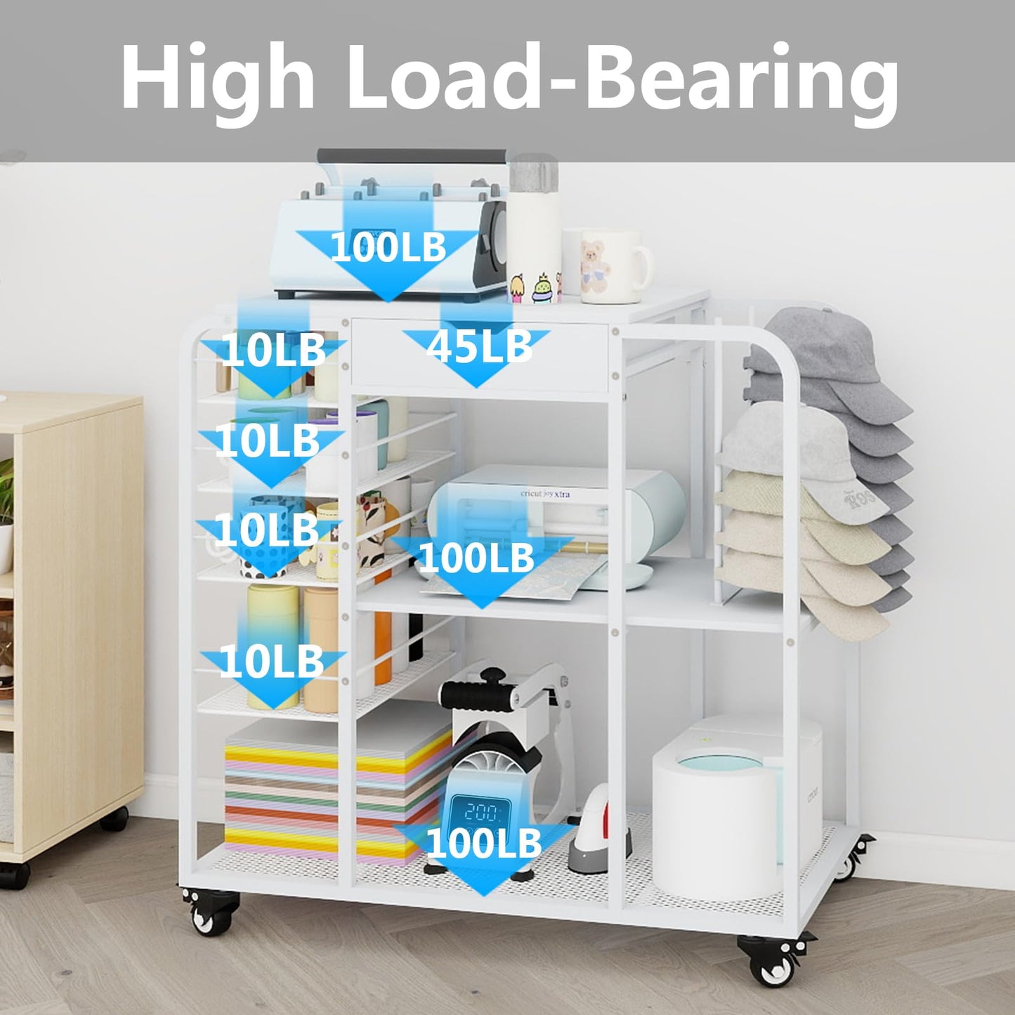 PUNCIA All-In-One Movable Tumbler and Cap Press Stand, Space Saving 3-Tier Heat Transfer Organizer Workstation with Cup Holder and Hat Storage Ideal for Craft Room Studios Home Craftsman DIY Makers
