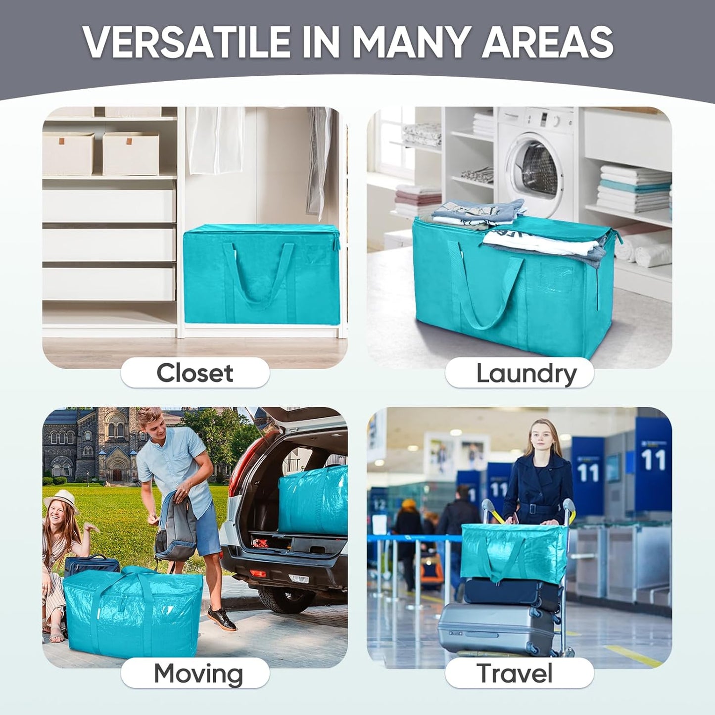 TICONN Extra Large Heavy-Duty Moving Bags - Durable Storage with Zippers & Handles | 2 Pack, Aqua