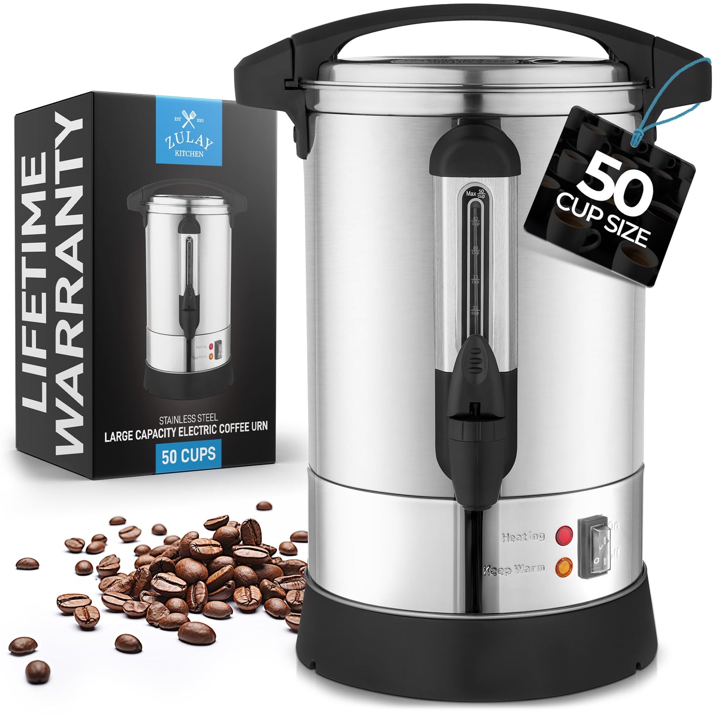 Zulay Kitchen 50 Cups Commercial Grade Coffee Maker Hot Water Urn - Percolator With Double-Wall Stainless Steel, Quick Brew, Stays Hot for Tea & Beverage at Events & Catering - Silver