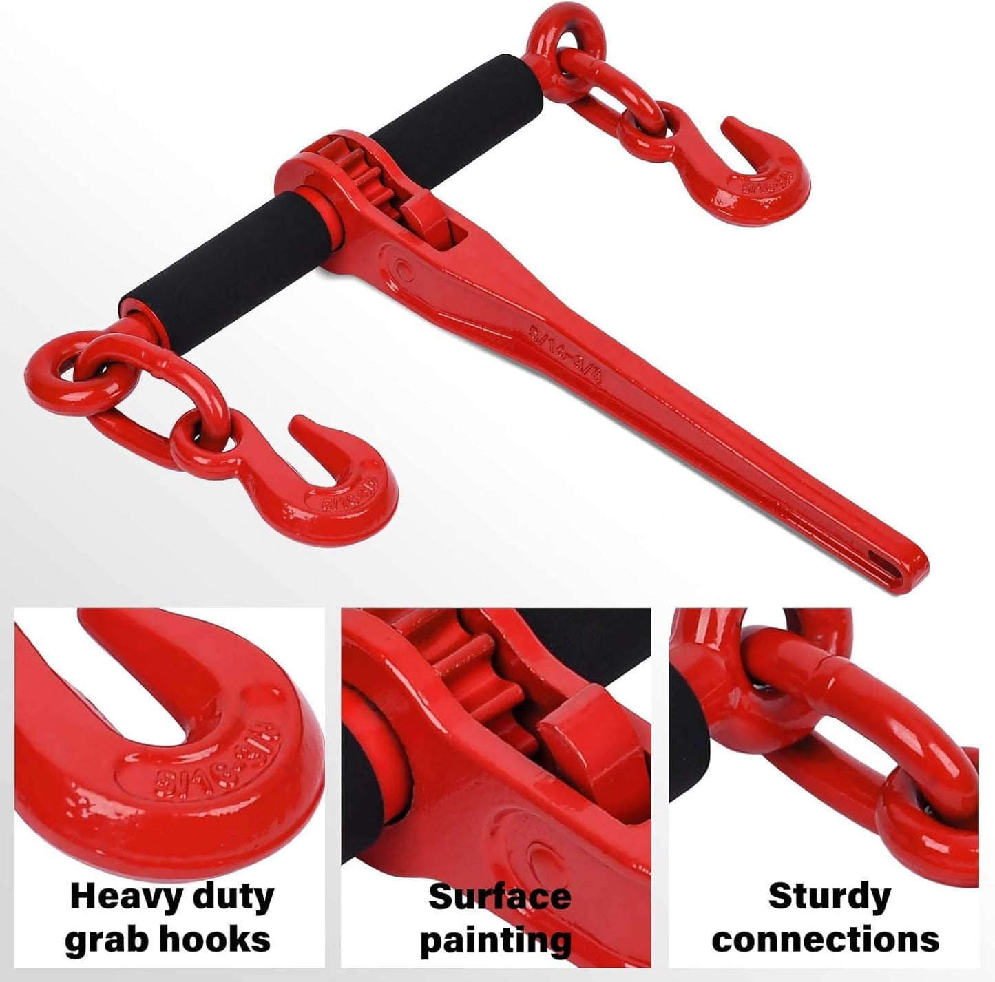 Lechansen Chain Binders Ratcheting 5/16”-3/8” with Grab Hooks 5,400 LBS Secure Working Load, Adjustable Length Heavy Duty Ratchet Binders for Grade 70-80 Chains, Towing, Tie Down, Hauling, 4 Pack
