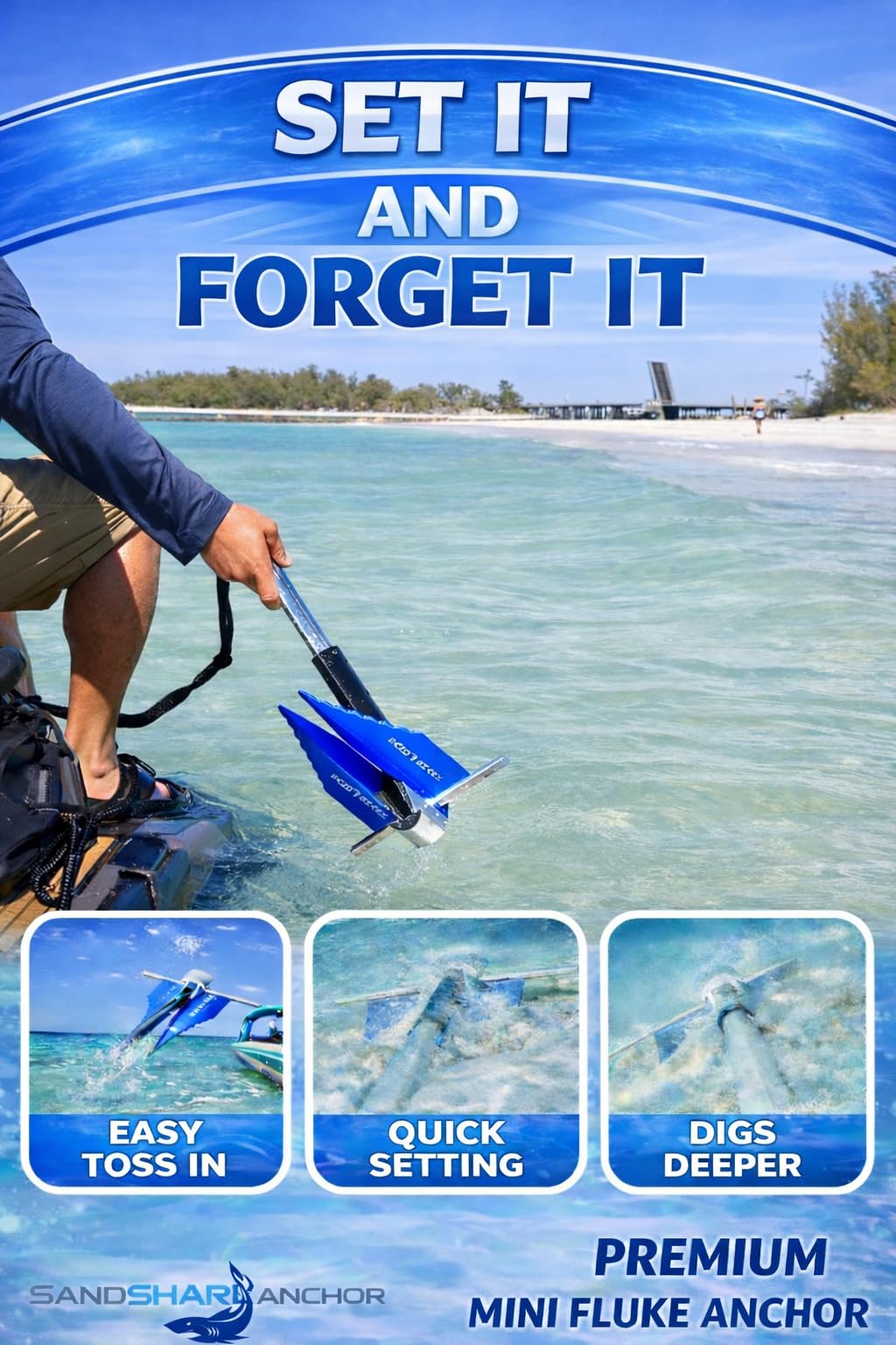 SandShark Premium Fluke Anchor-Retractable Shaft Easy Storage-Aluminum Pontoon Boat Anchor, Jet Ski Anchor. Boats<30 ft. Sand Anchor for Boat, Boat Anchor Kit, Lightweight. (Jet Ski Anchor)