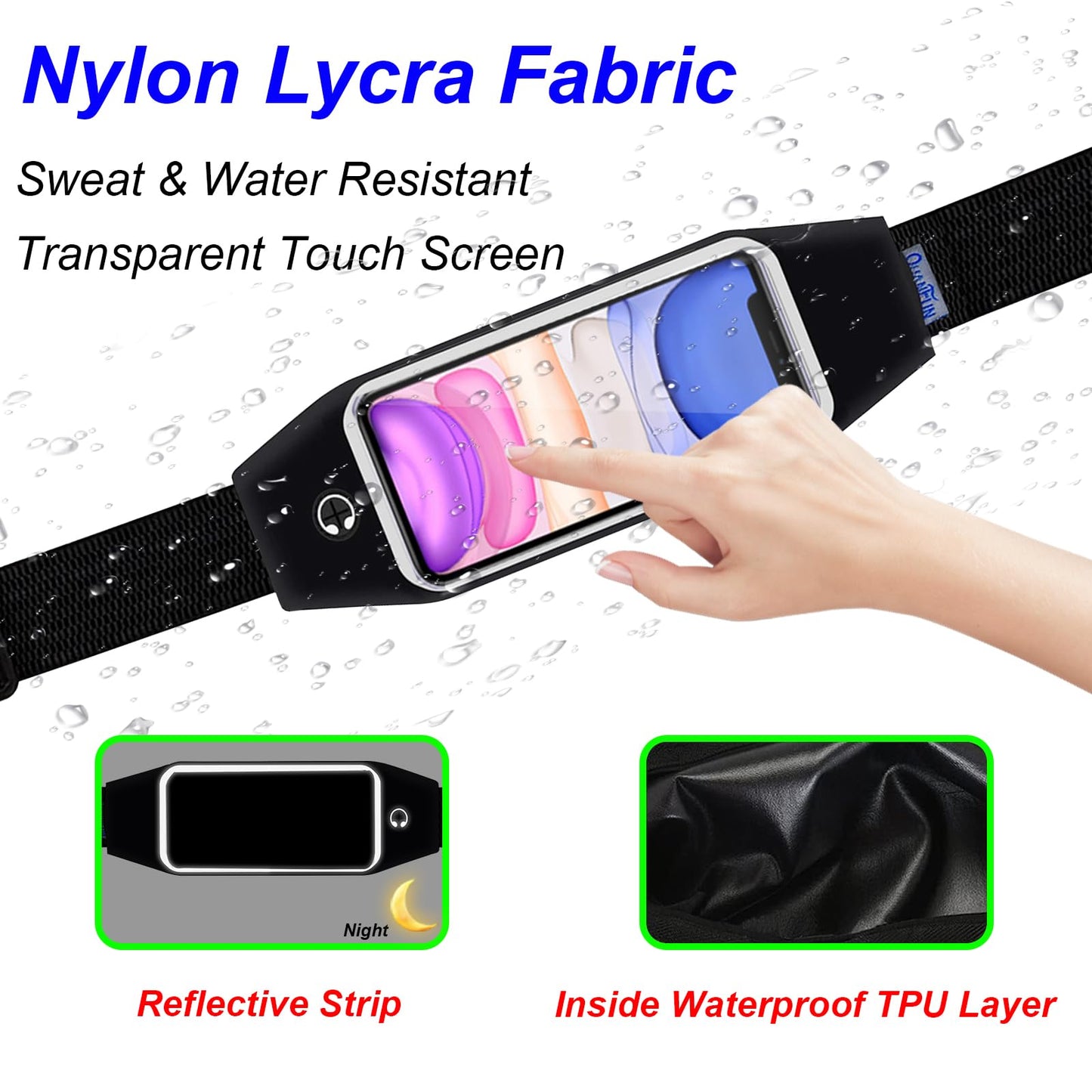 QUANFUN Running Belt for Women Men, Fanny Pack, Belt Bag, Money Belt, Waterproof Workout Waist Pouch Phone Holder with Touchscreen, Gym Running Gift Gear Accessories fits Phones UP to 6.5", Black