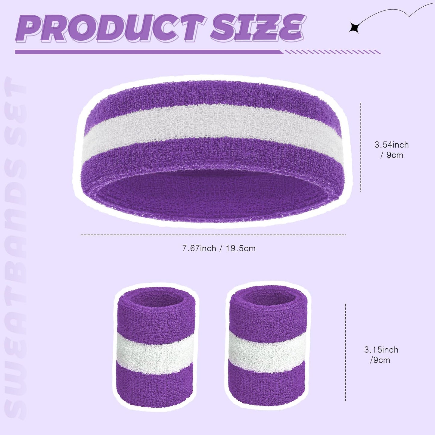 Bememo 6 Pcs Neon Sweatbands Set for Men Women 80s Tennis Striped Headband Sports Wristband Set Costumes Glow Cosplay Party(Purple and White)