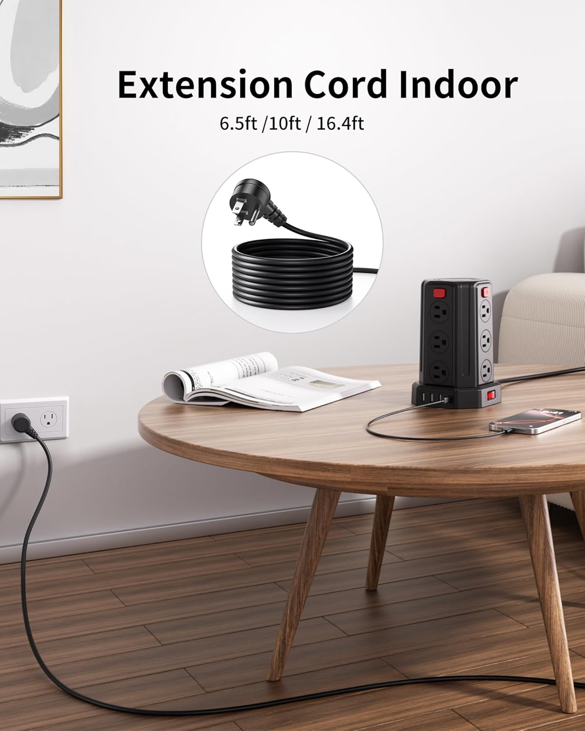 SMALLRT 6.5 12 4 (1 6.5 Power Strip Surge Protector, Ft Extension Cord with AC Multiple Outlets USB USB C), Power Tower