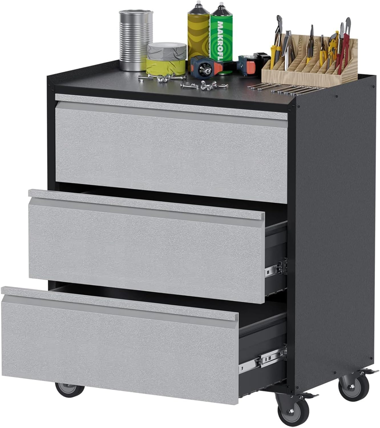 IDEALHOUSE Heavy Duty Rolling Tool Cabinet with 3 Drawers - Industrial Metal Storage Cart for Garage & Workshop Organization, Mobile Tool Chest (Gray)